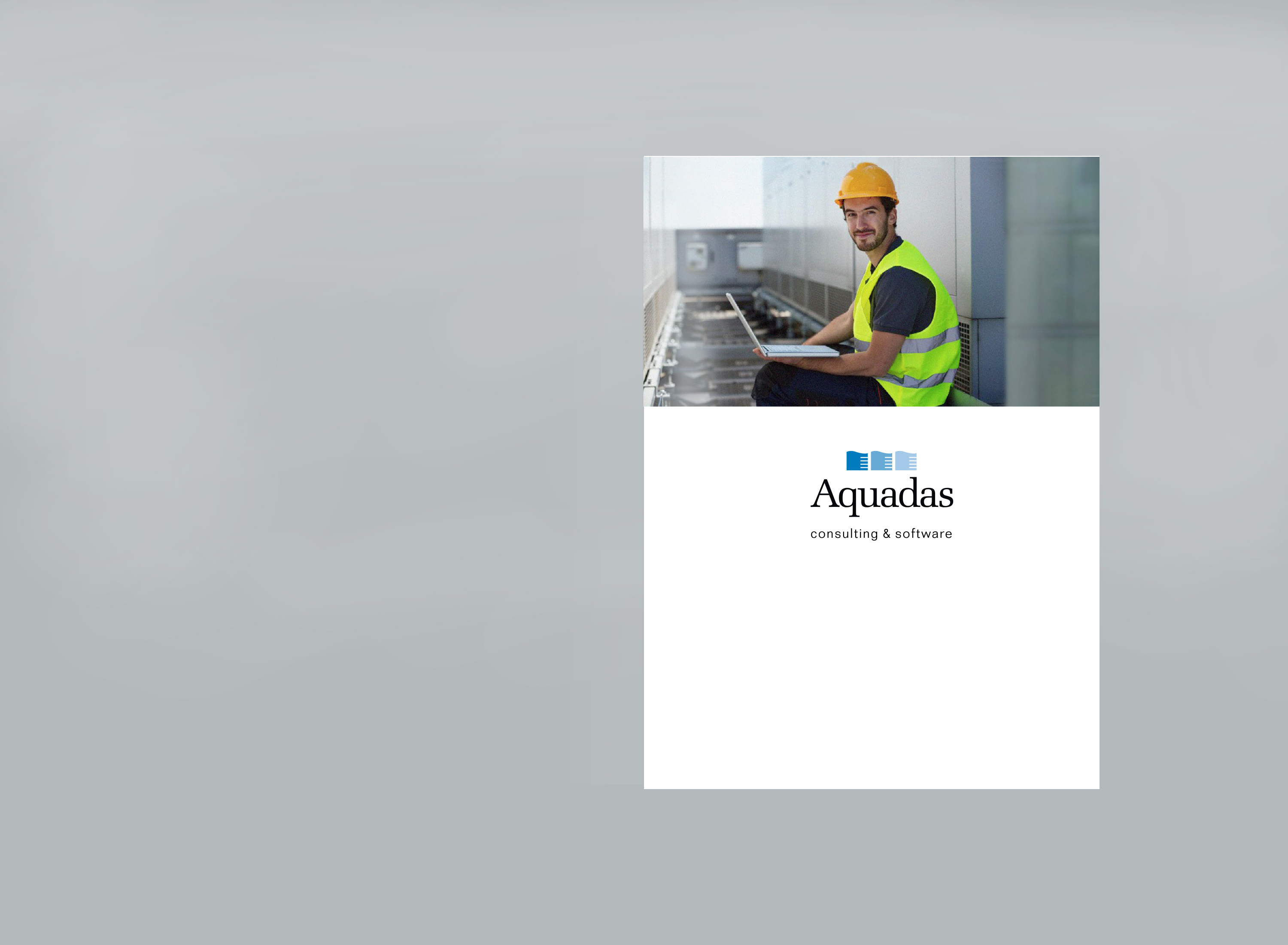 Cover of folder. Photo of worker with laptop.