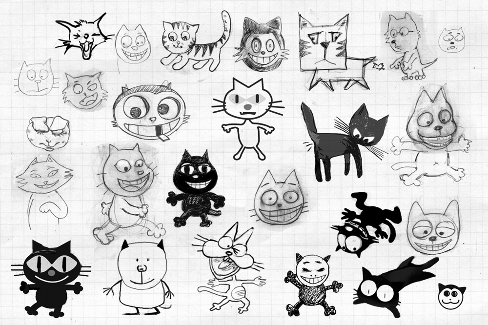 Sketches of various cat characters.