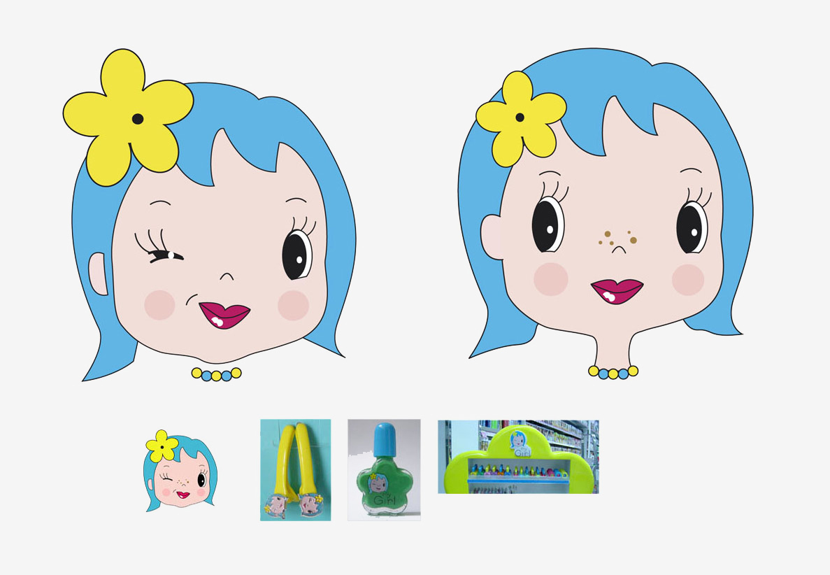Girl character with blue hair and yellow flower.