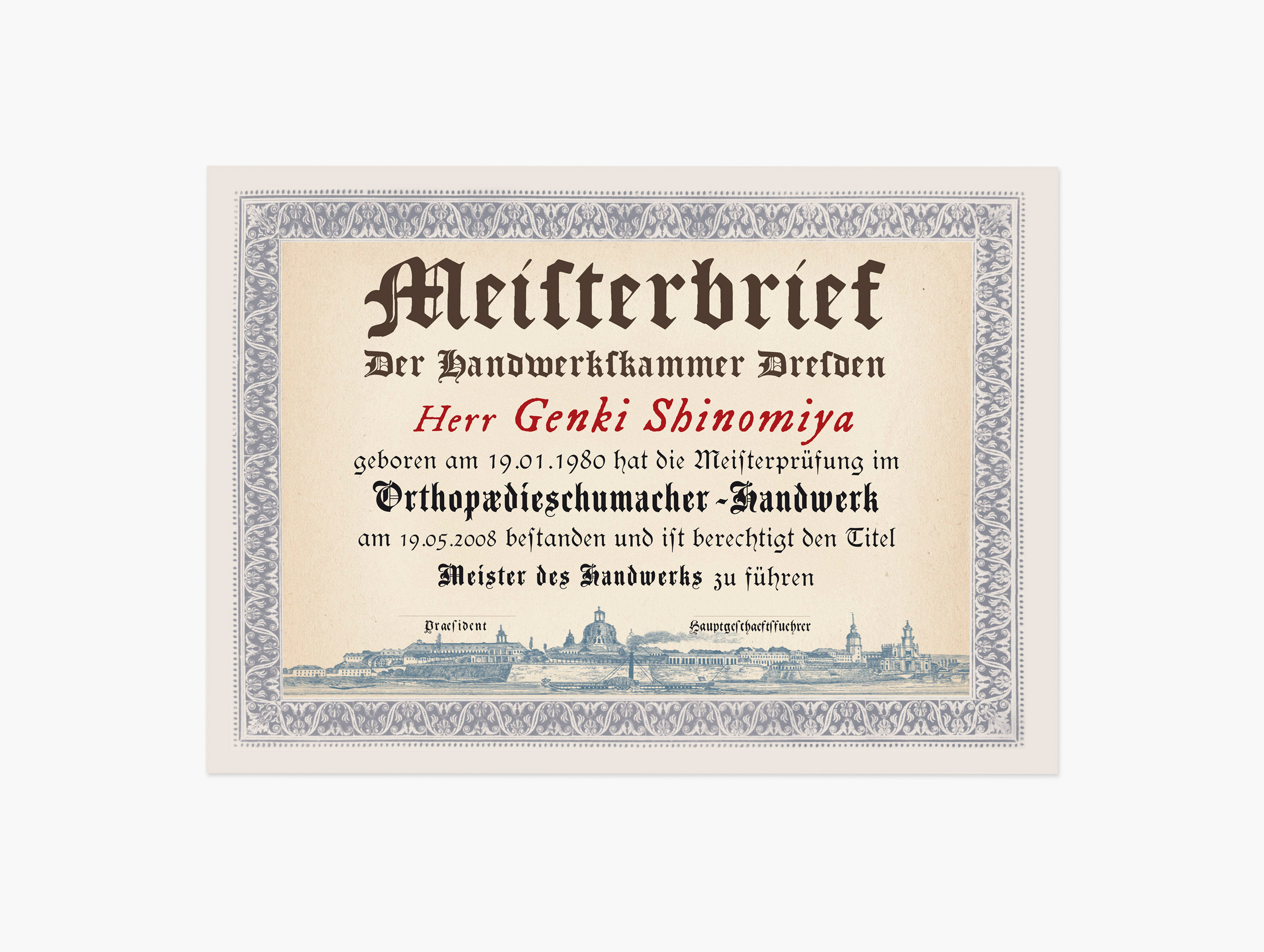 Text in german type. Framed by decorative grapical elements. Copper engraving-like illustration of an city skyline underneath text.