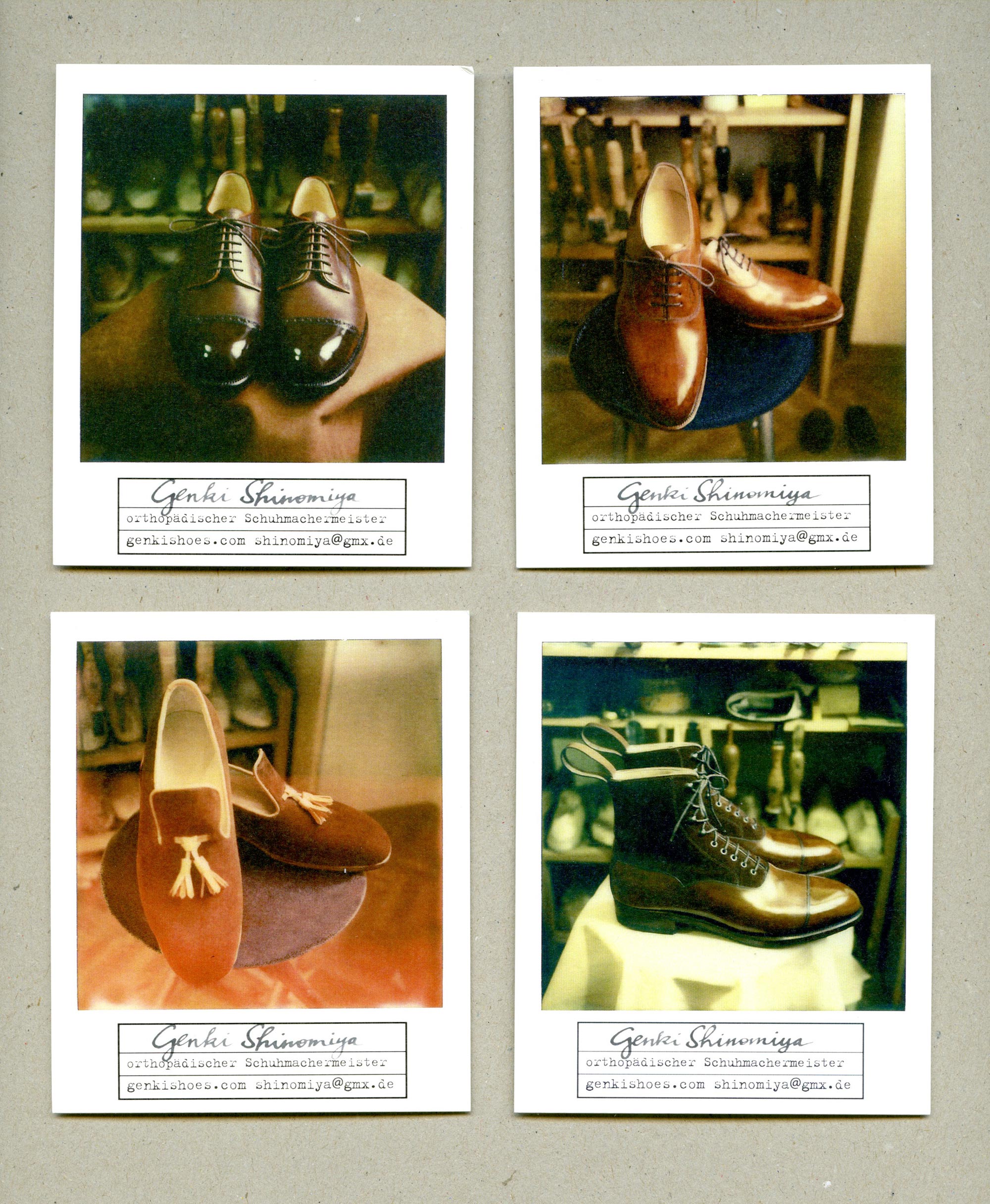 4 Polaroids of bespoke shoes. White area on polaroid contains frame with name, email and webadress.