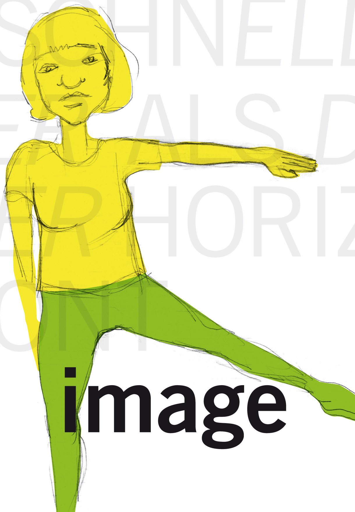 Poster. Sketched woman filled with 2 colours. Large title overlayed. Words in large Font in background. 