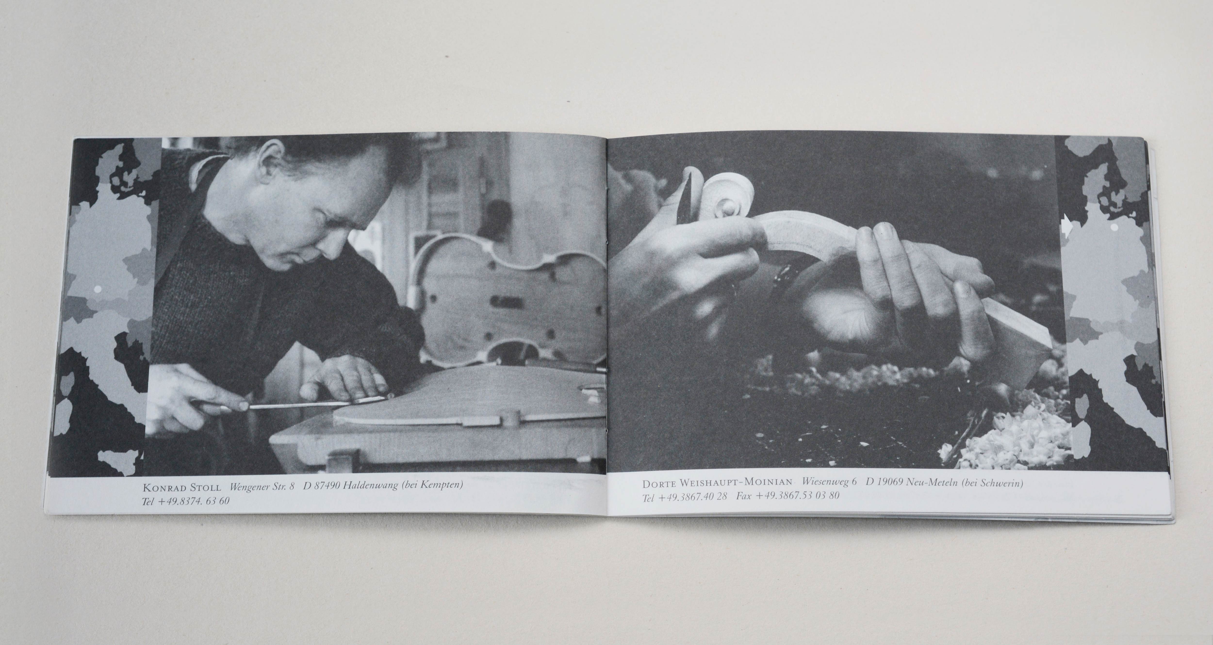 Double page. On each page full-page b/w photos. Column-sized map with marking point at the edges covering part of photo. Line of small text in white space underneath. Left: Man carving on top plate of violin. Right: 2 hands hold violin scroll.