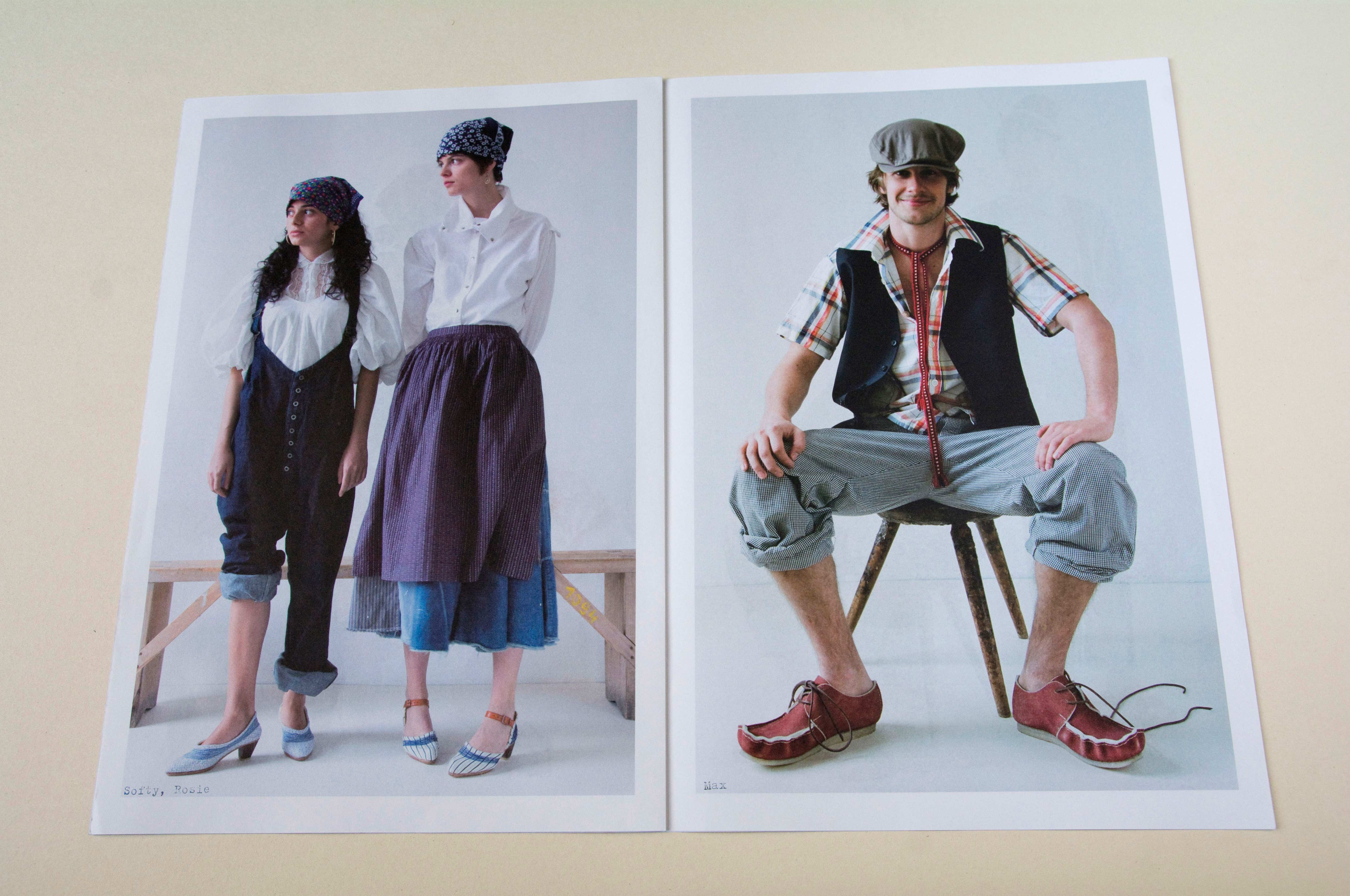 Double page showing large photos. Small font overlayed at bottom. Left: 2 woman standing in front of neutral background. Wooden banch behind them. Right: Man sits on wooden stool in front of neutral background.