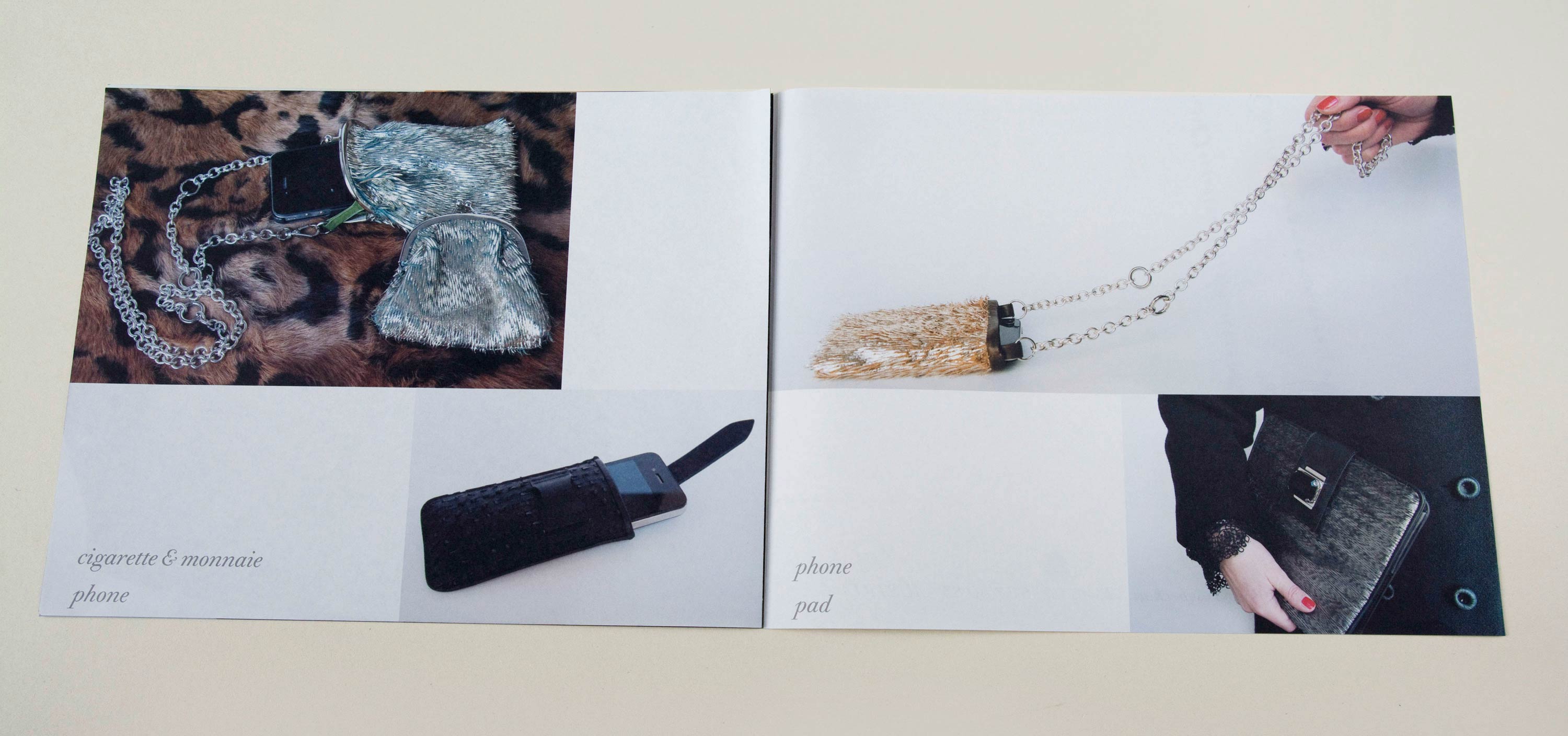 Double page. 2 smaller photos on each page. Script font at bottom on blank space. Left: Small opened hand bag lies on furry fabric. Smartphone partly sticks out of bag. Small Purse with Samrtphone. Right: Hand holds chain of small handbag. Hand carries flat pouch.