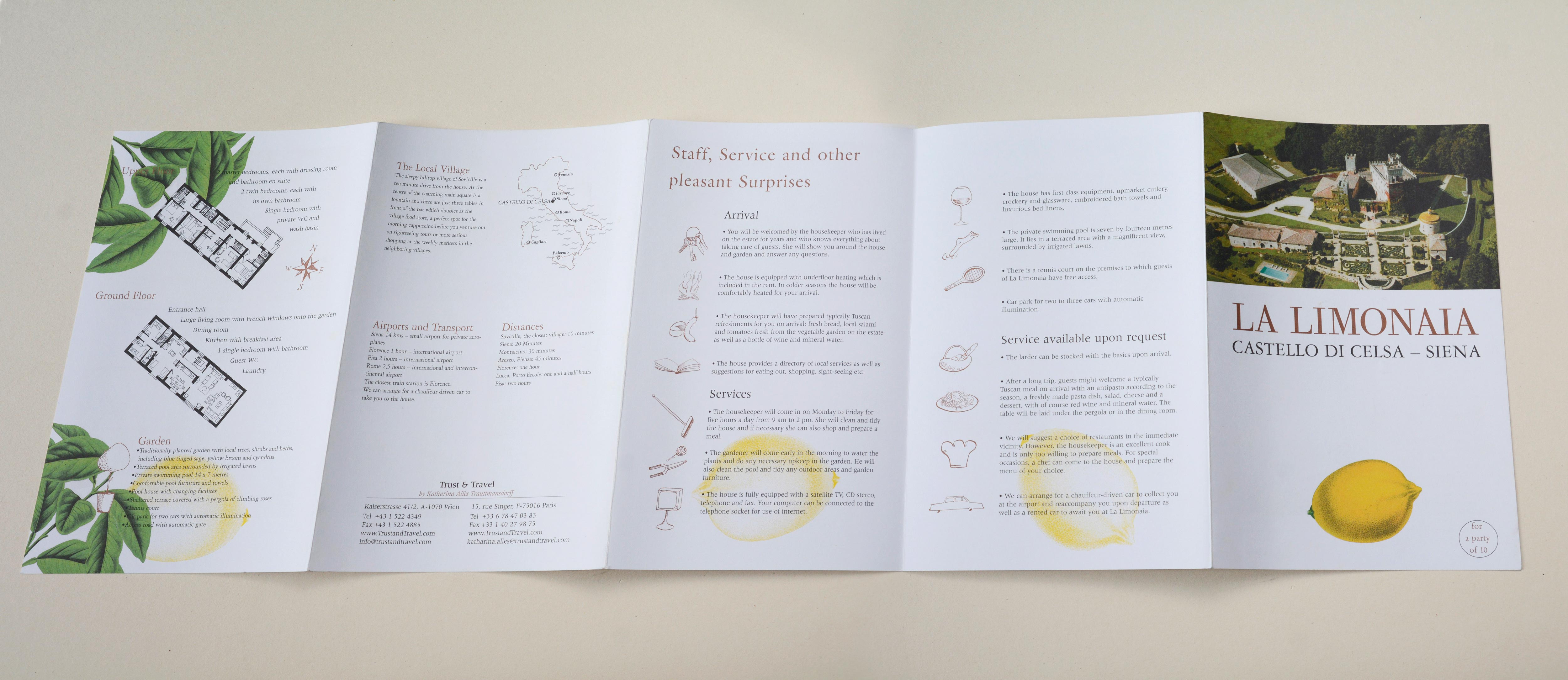 Unfolded Brochure. Blocks of text. Some blocks with small line illustration at the side.
