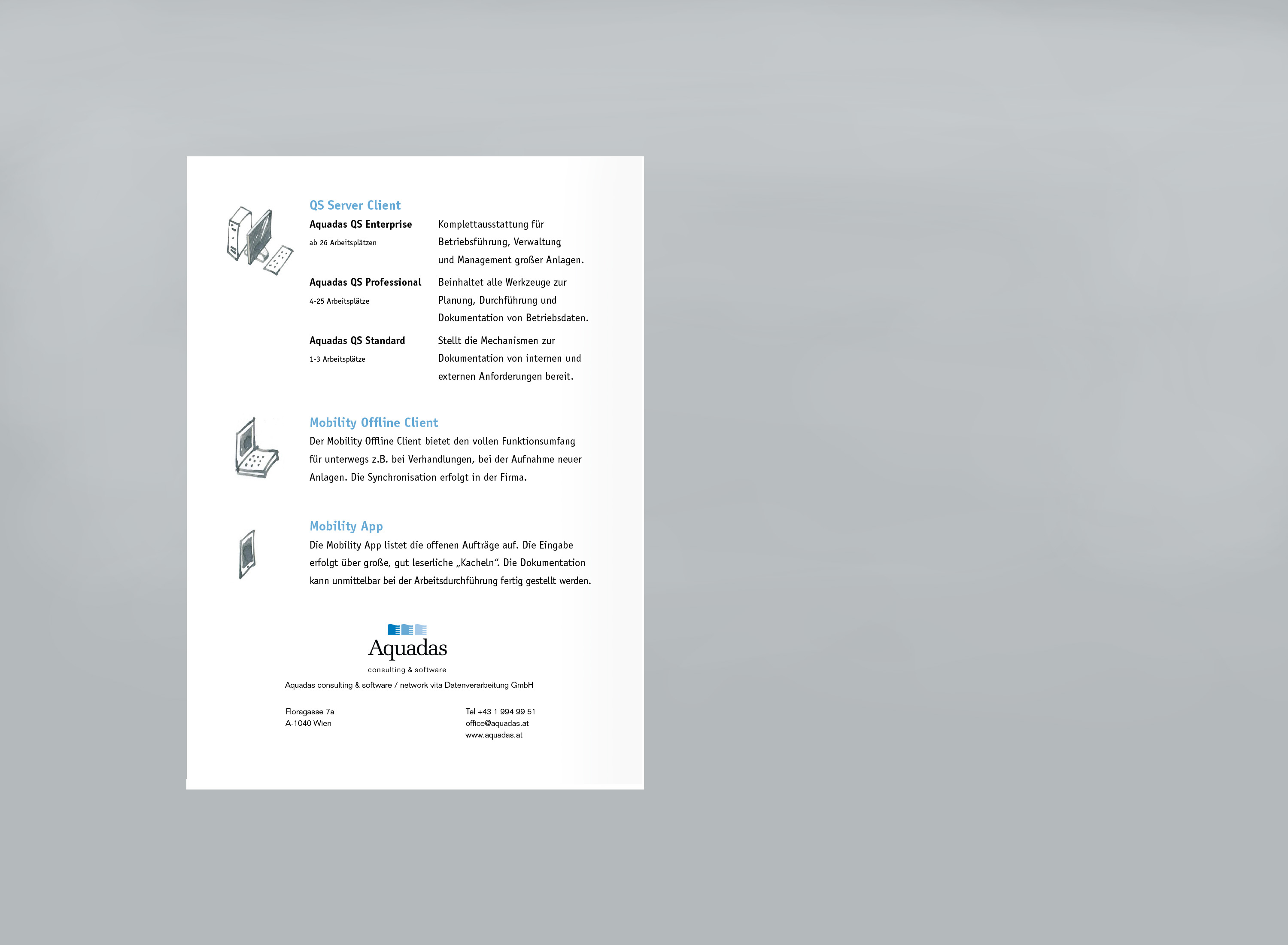 Back of folder. Text and illustrations of software solutions.