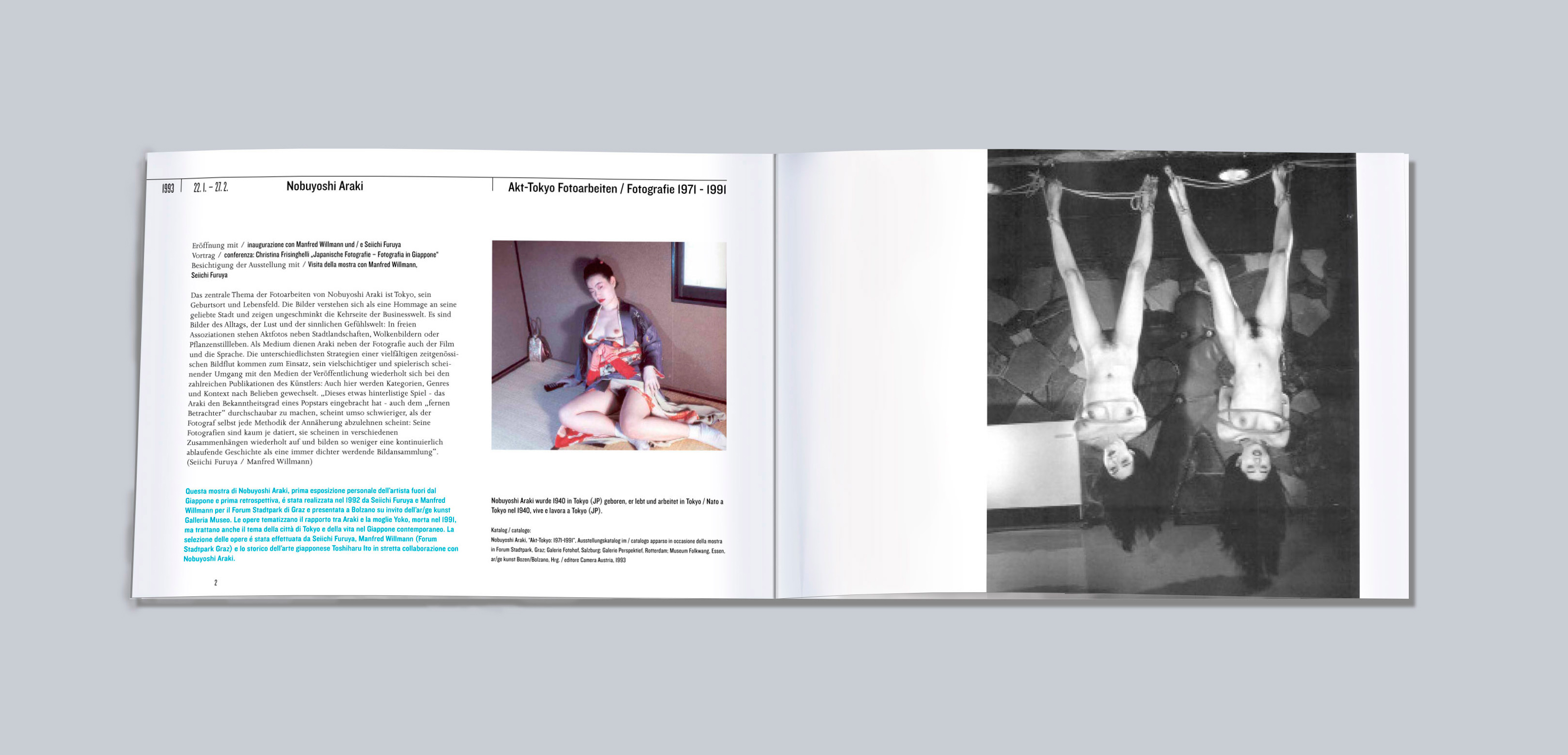Opened catalogue. Double page with images and text.