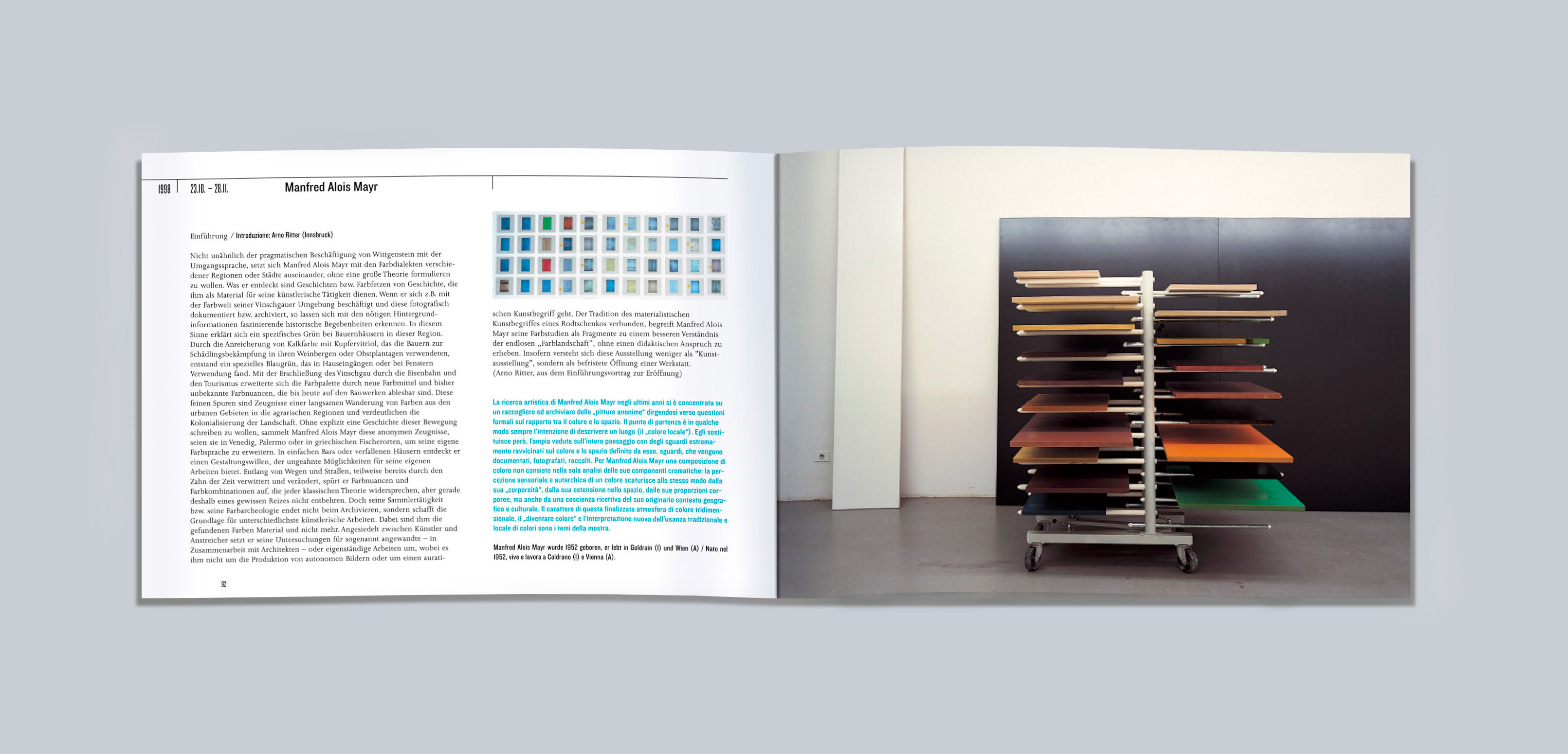 Opened catalogue. Double page with images and text.