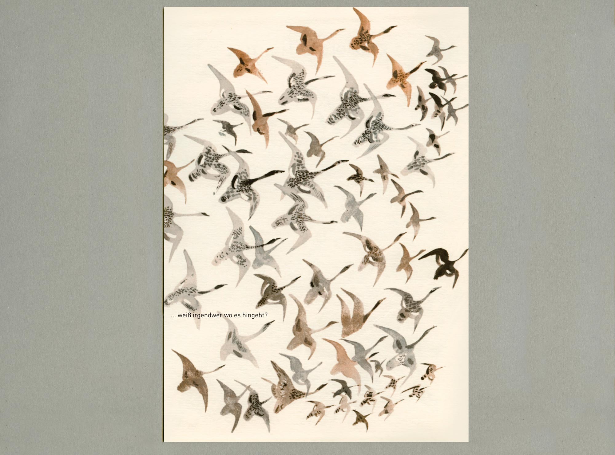 Aquarell Illustration. Swarm of various birds with small text inbetween.