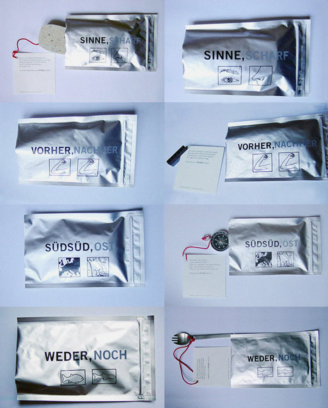 Various silver coloured zip-lock bags. Each bag contains an item with a card. 2 words which resemble logo and illustrations are printed on each bag.