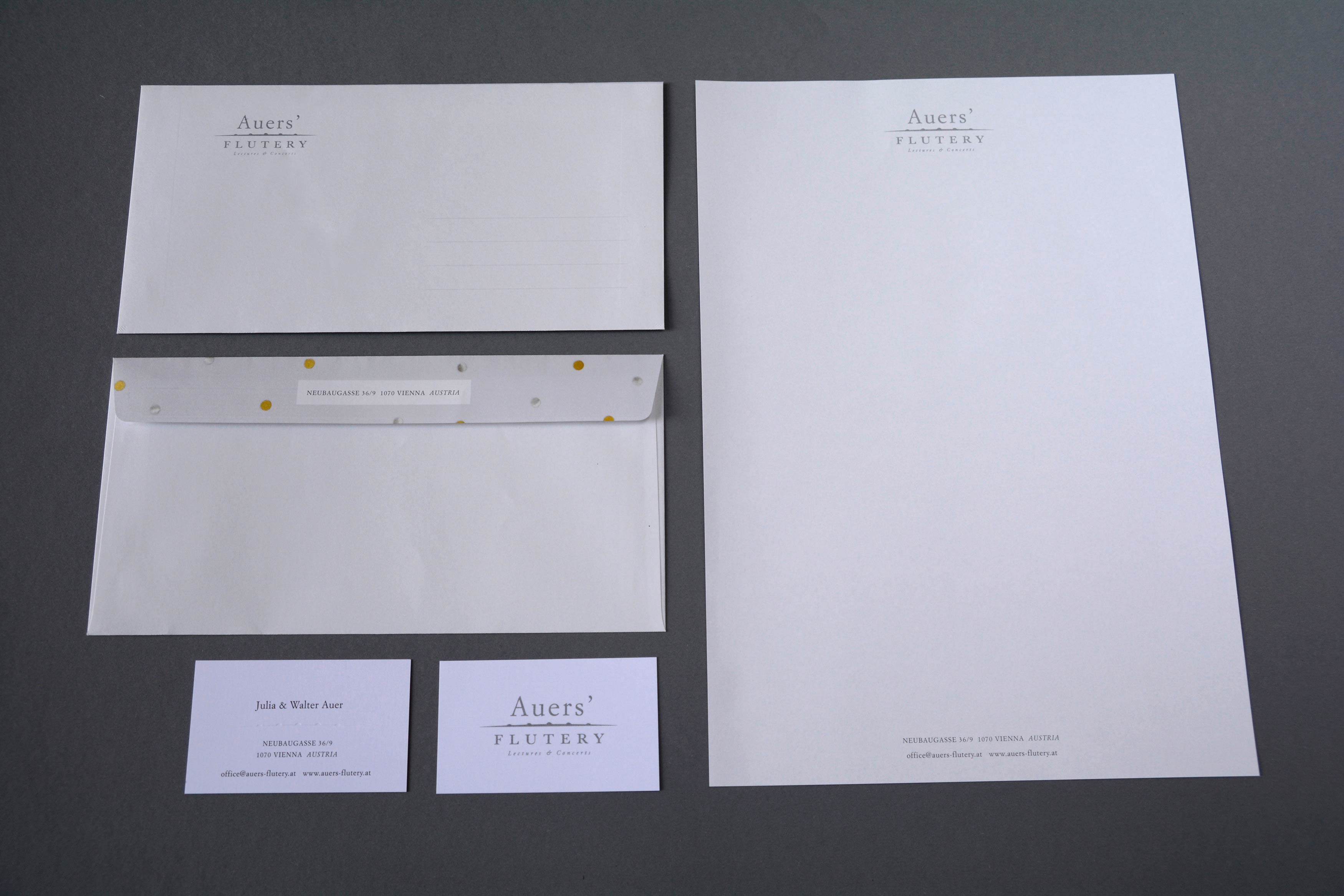 Set of printed business matters. Card, envelope, writing paper.