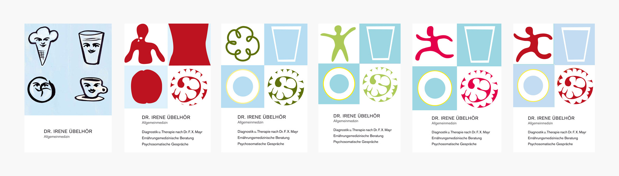 Several images side by side. Starting with 4 figurative illustrations turning into more graphical and abstract forms with each image.