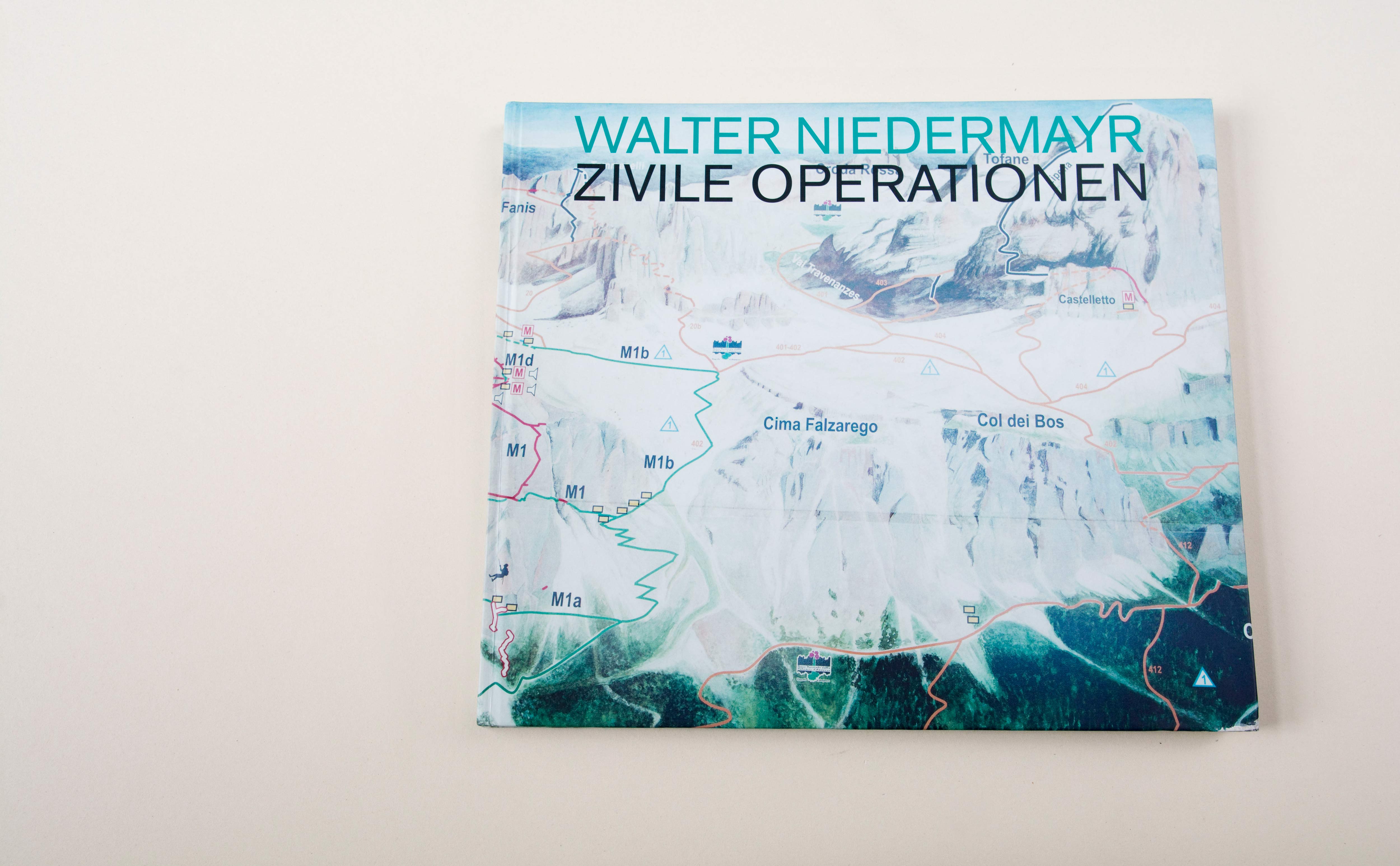 Cover Book. Full-page section of an illustrated mountain map. Title and name overlayed in upper part.