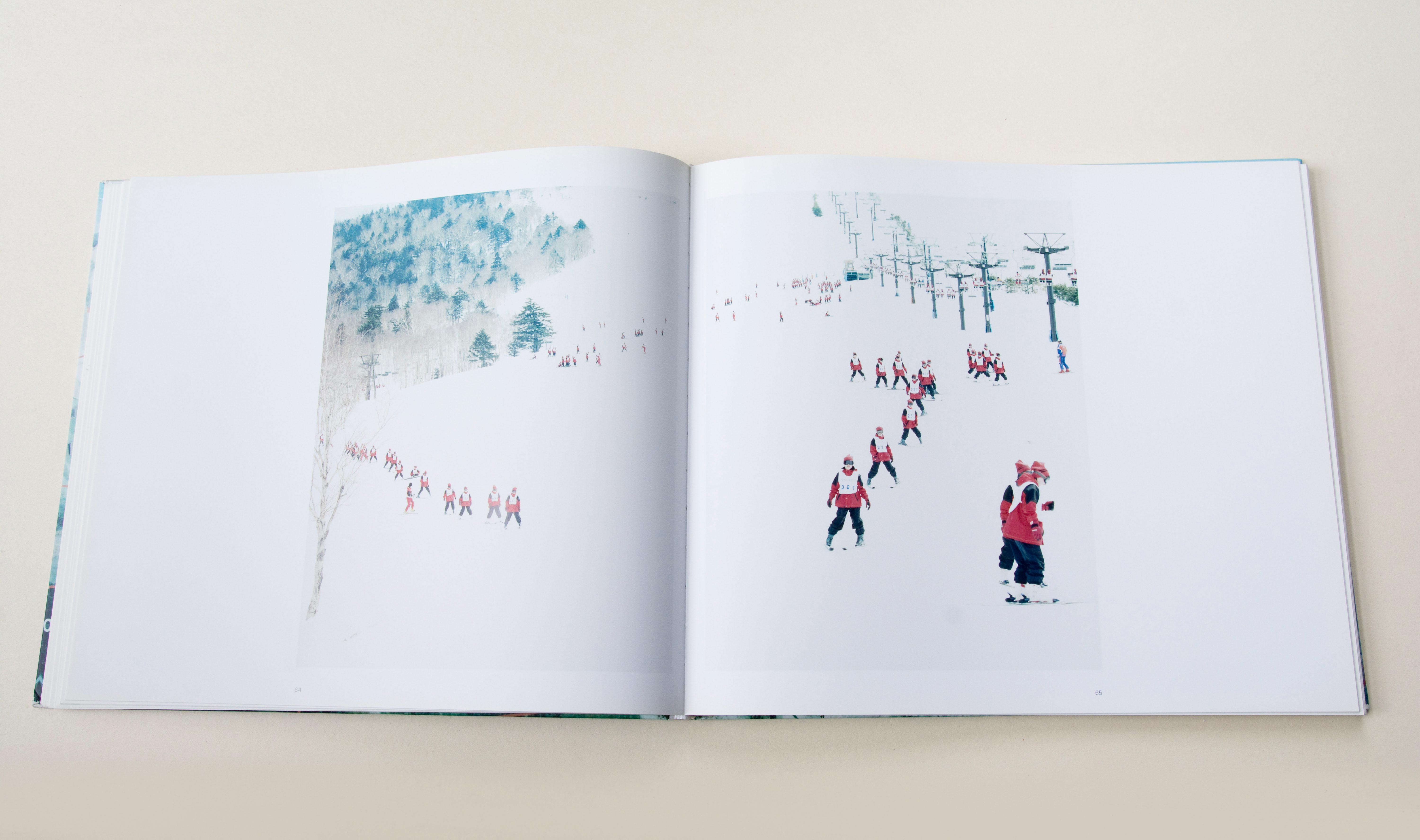 Double page. Large similar photo on each page. Skiing slope in the mountains. Group of kids skiing one after each other.