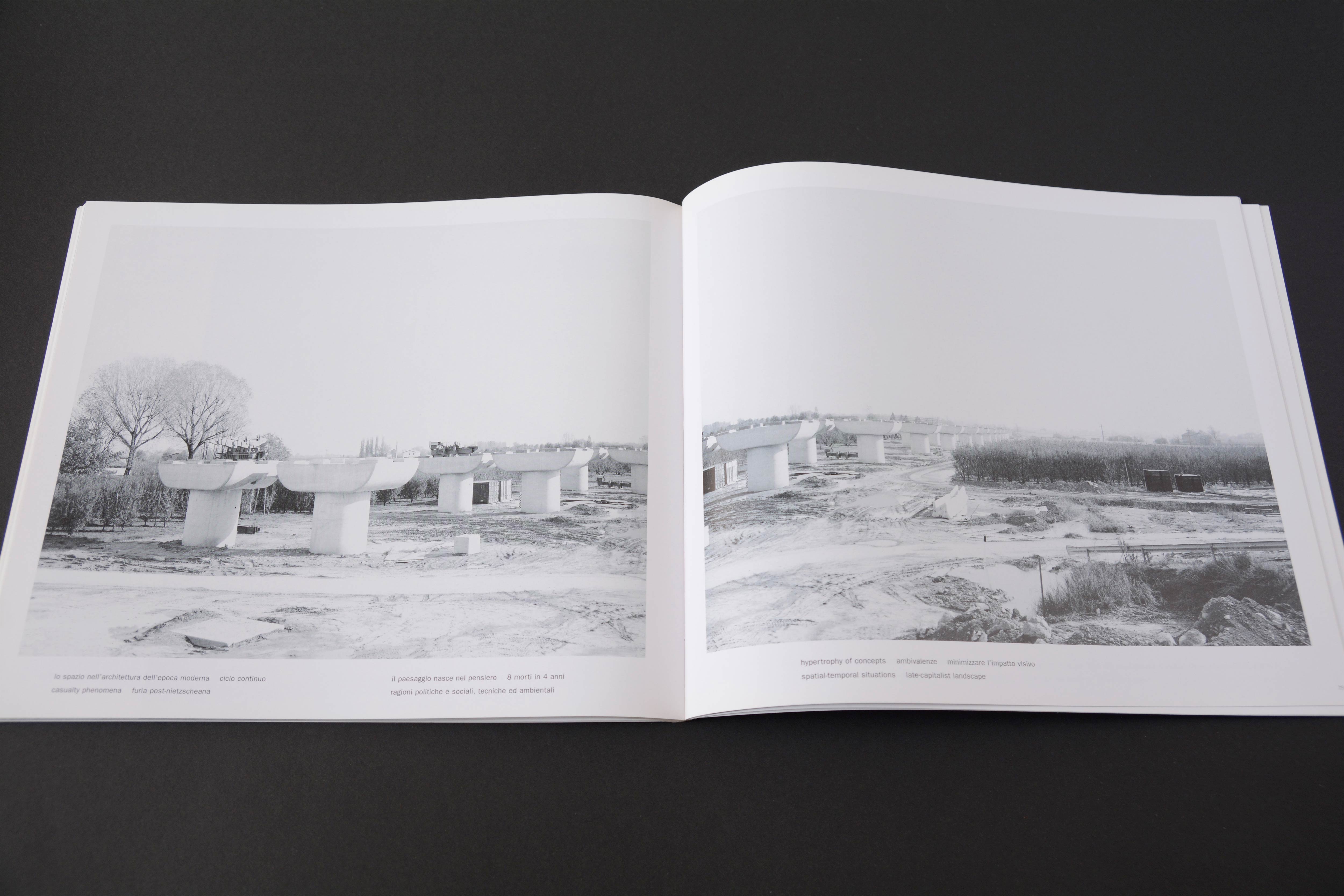 Double page. Large b/w photo with white space around on each page. Row of large pillars with head-part on flattened terrain. Lines of small text at bottom.
