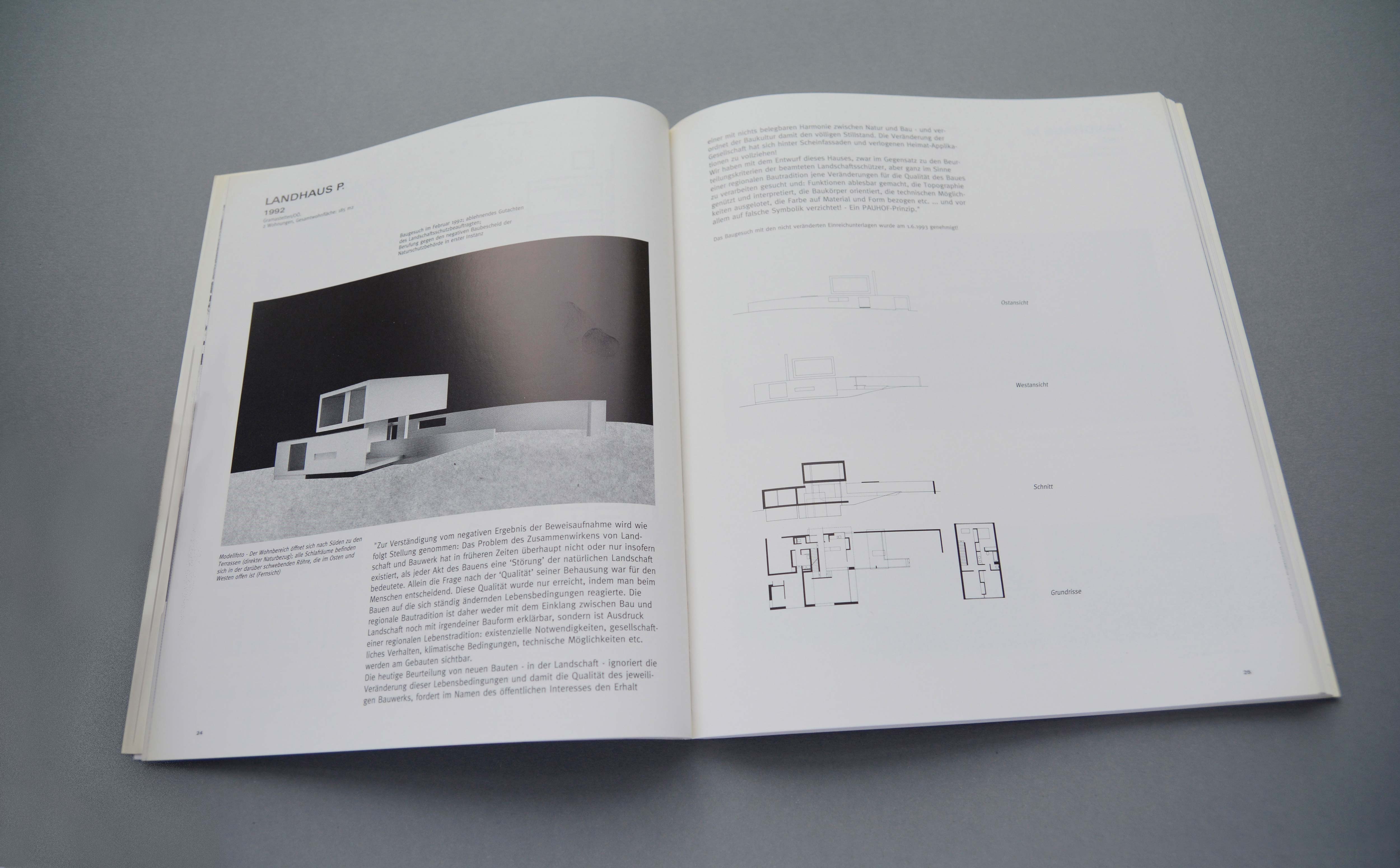 Double page. Left: Large b/w photo of architectural model in middle. Title and some lines of text above. Block of text underneath. Right: Right: Block of text on top. Sectional drawings and floor plans underneath.