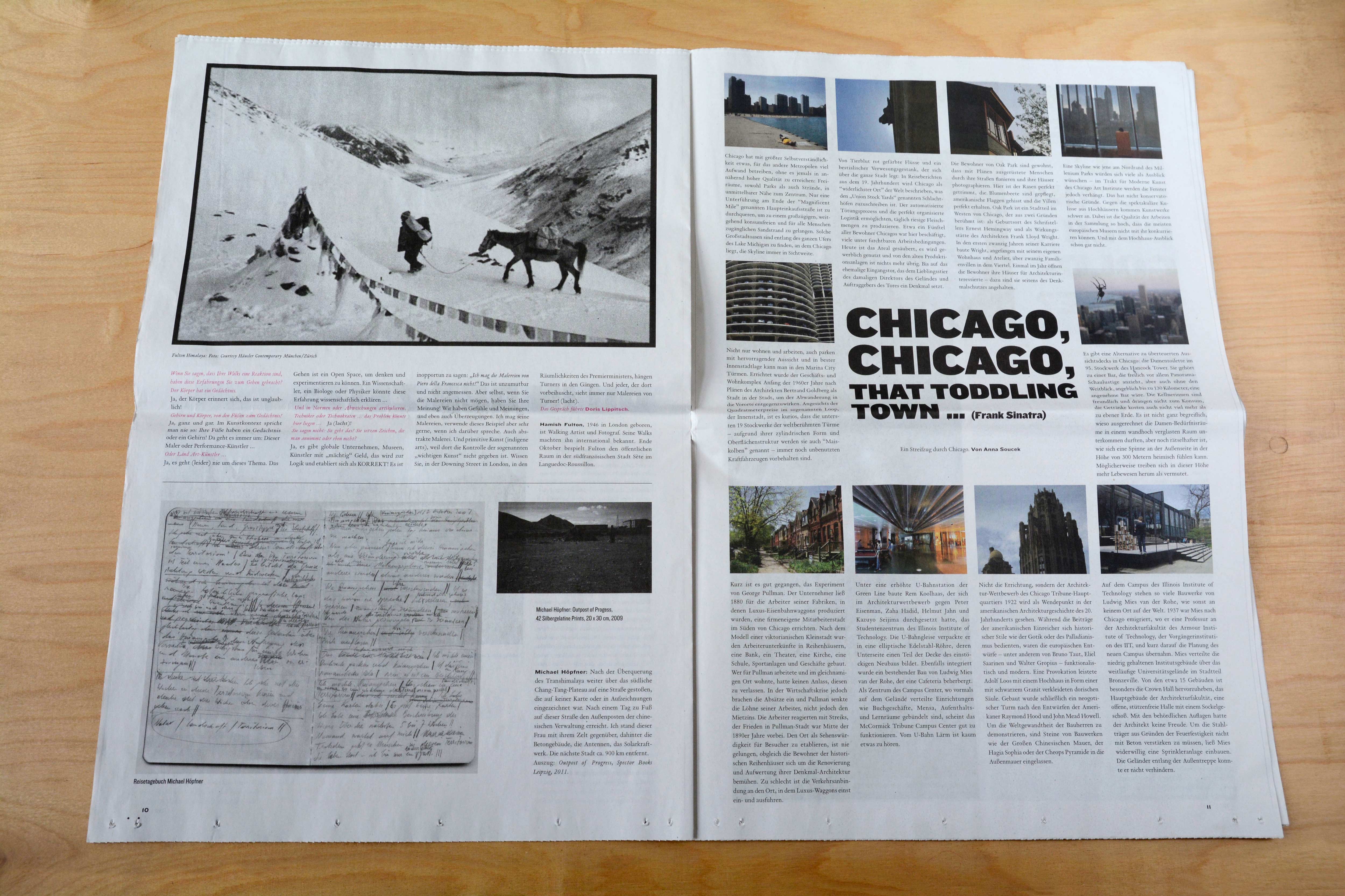 Double page. Left: Large lead photo. Underneath 4 columns of text. Section with large and small photo and block of text at bottom. Right: 4 columns. Title over 2 columns in center. Around small photos and text filling up the entire columns.