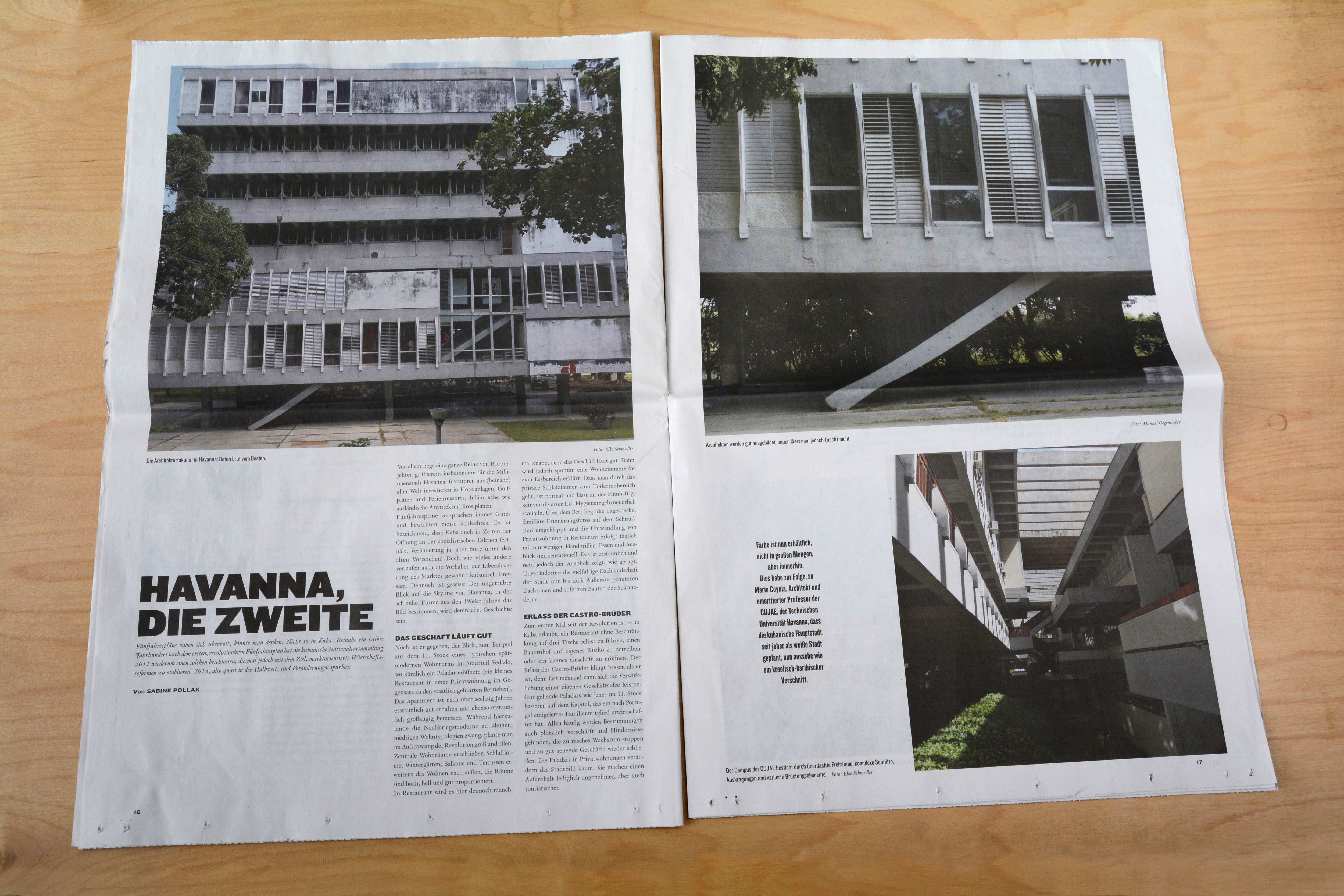 Double page. Left: Large lead photo over upper half. Underneath title and beside 2 columns of text. Right: Large photo in upper half. Block of text beside photo in lower half.