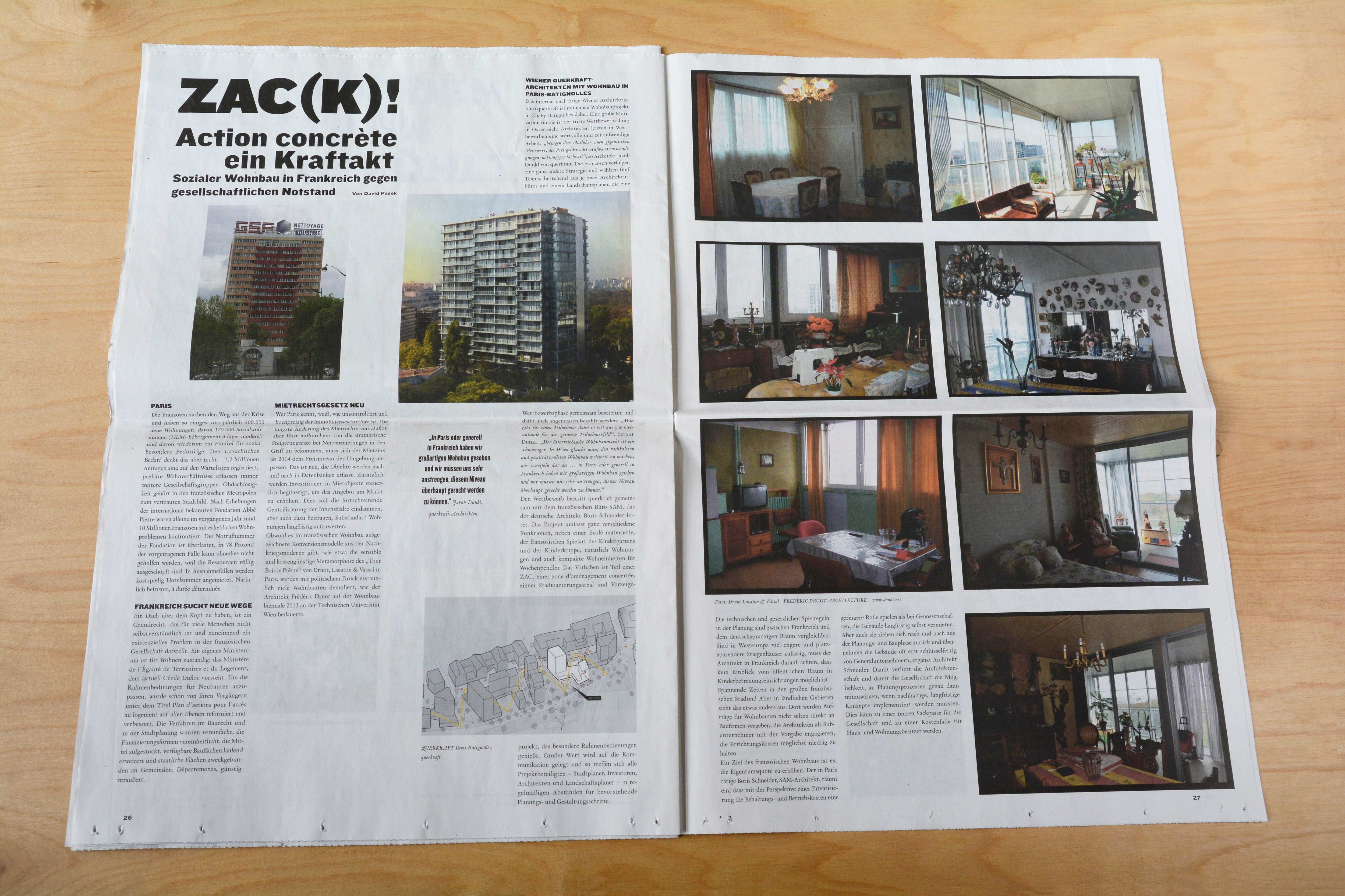 Double page. Left: Title on top over 2 columns. Underneath 2 photos over 4 columns. 3 columns filled with text. illustration at bottom embedded in text. Right: Grid of 2 columnd wide photos. 2 columns of text in 1 grid cell instead photo.