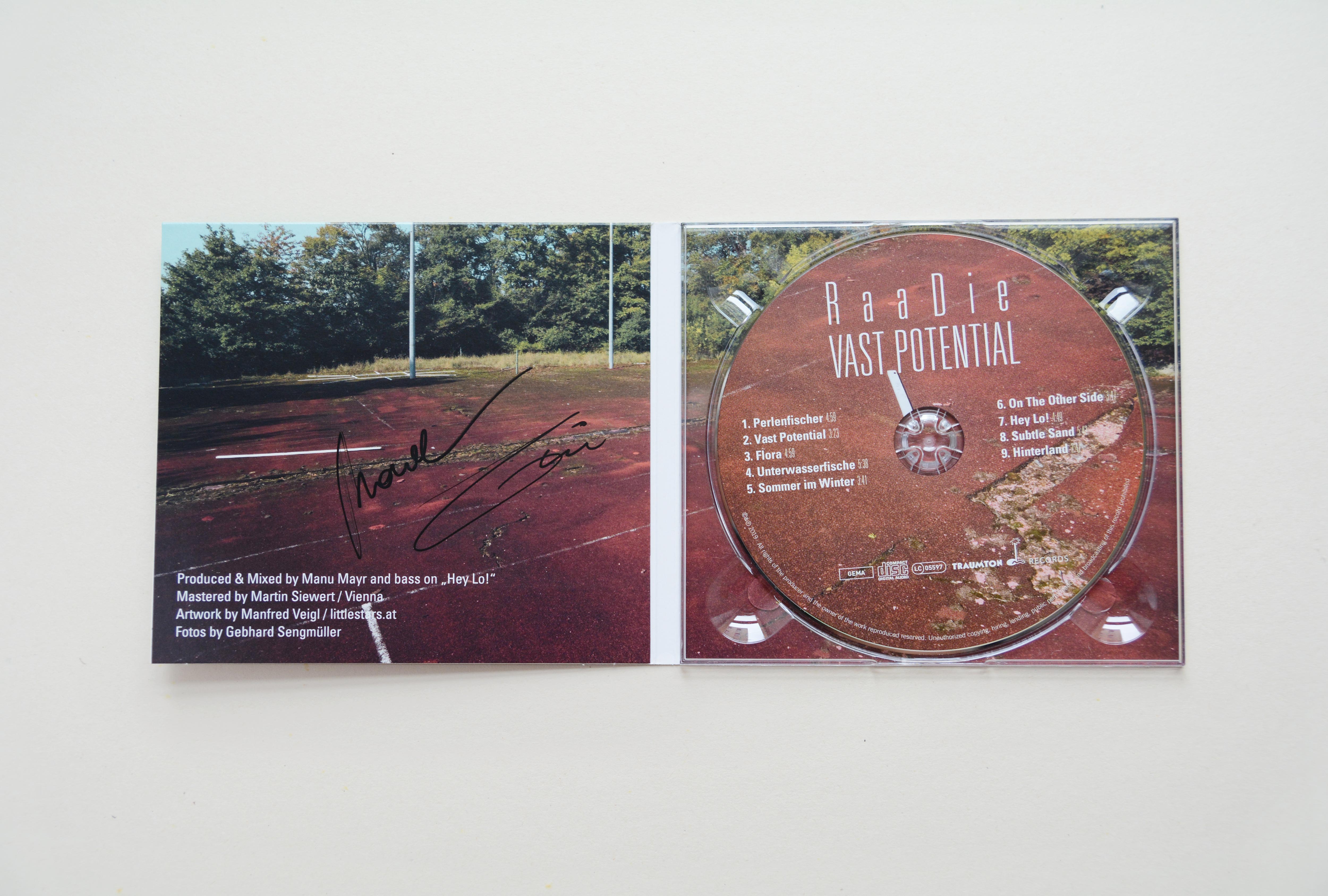 Opened CD scleeve. Left: Different shot of abandoned tennis court. Right: CD printed with detail-shot of red old tennis floor. Title and songtitles overlayed.