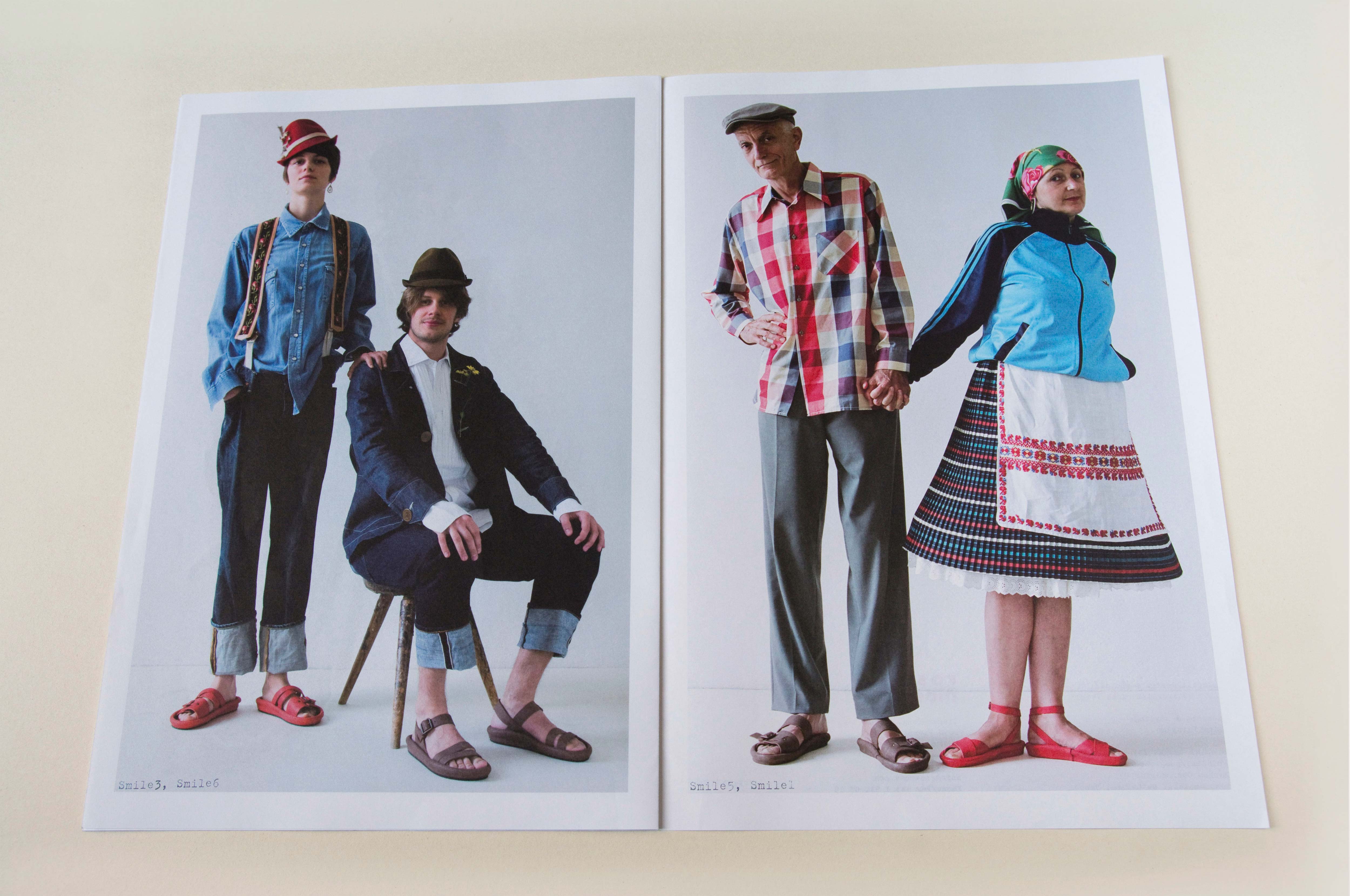 Double page showing large photos. Small font overlayed at bottom. Left: Couple in front of neutral background. Man sits on wooden stool. Right: Couple holding hands in front of neutral background.