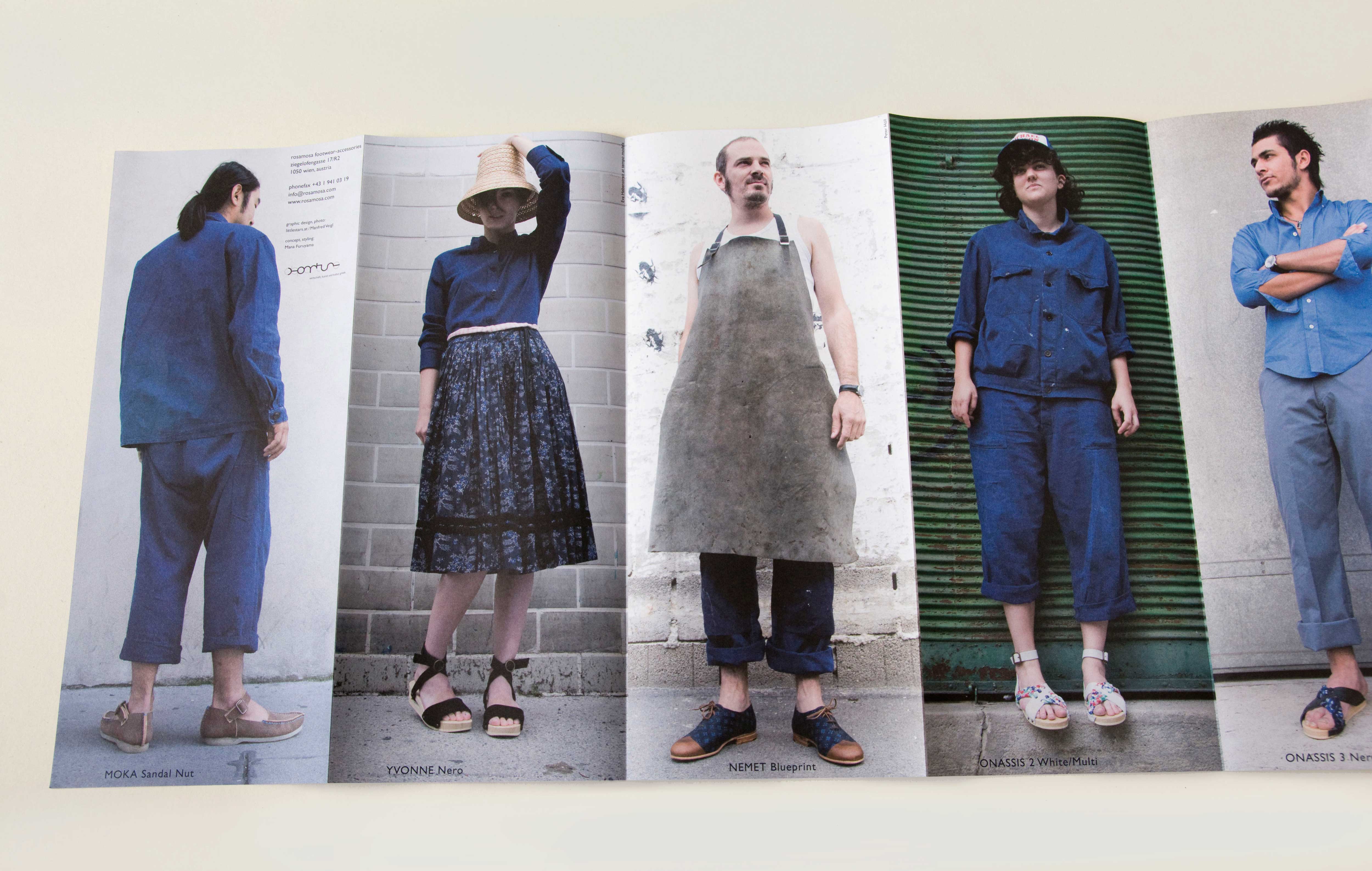 Unfolded brochure. Full-page photos side by side. Women and men standing on the street in front of various backgrounds. Brick wall, wall with tags, old shutter or a garage door. Small font overlayed at bottom of each photo.