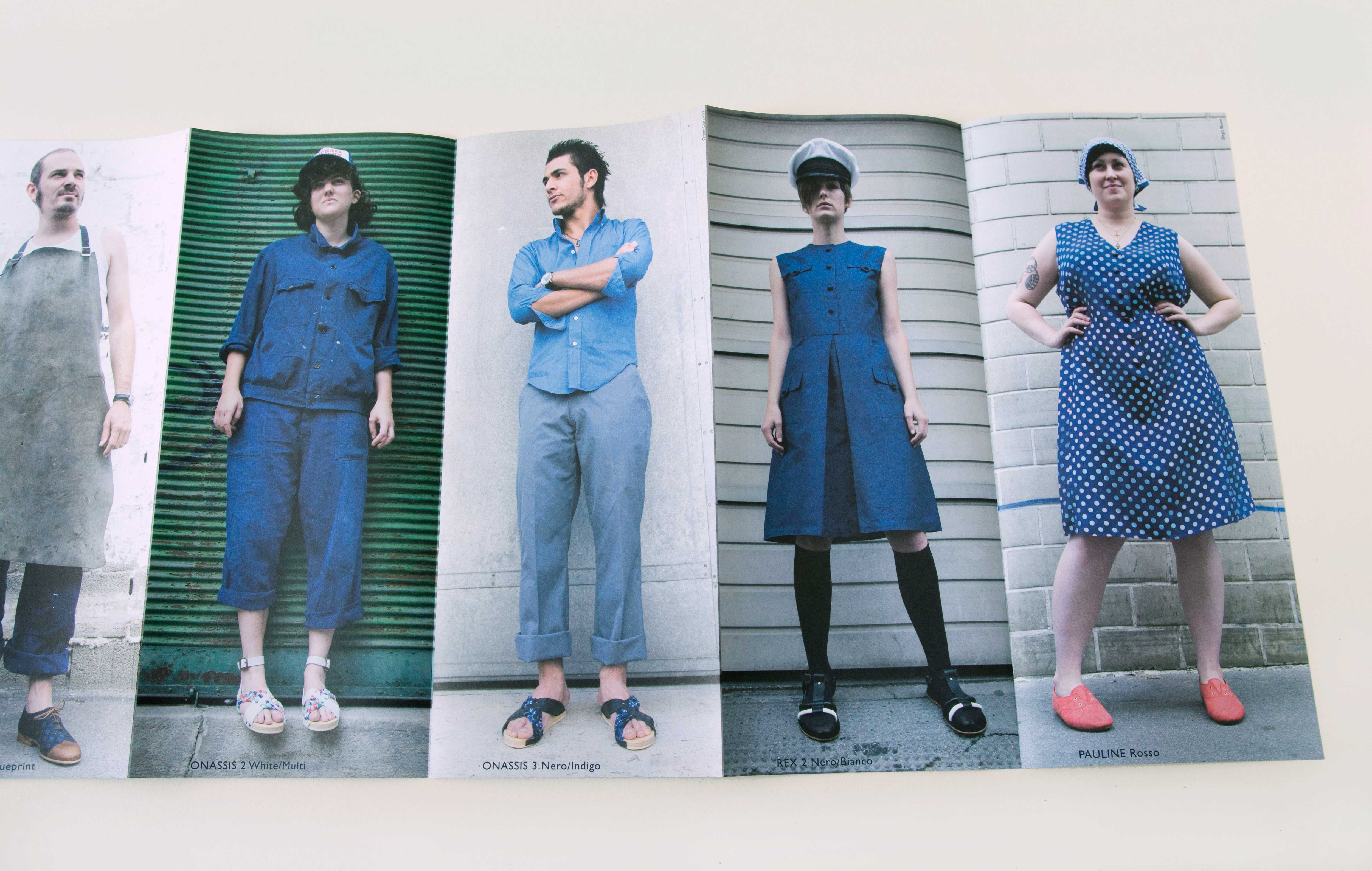 Unfolded brochure. Full-page photos side by side. Women and men standing on the street in front of various backgrounds. Brick wall, wall with tags, old shutter or a garage door. Small font overlayed at bottom of each photo.