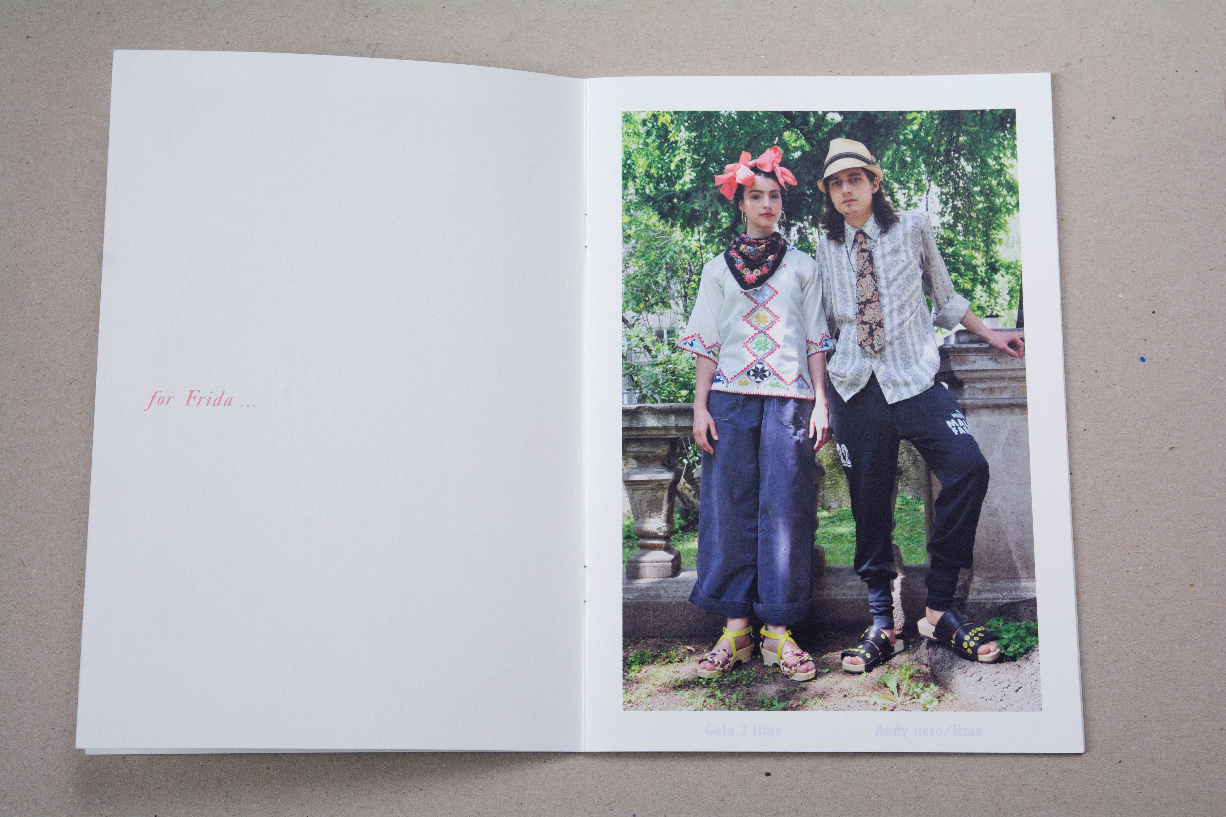 Double page. Left: Blank page only with small text saying: For Frida… Right: Large photo of couple standing in a park in front of an old stone railing. Bold font at bottom underneath photo.