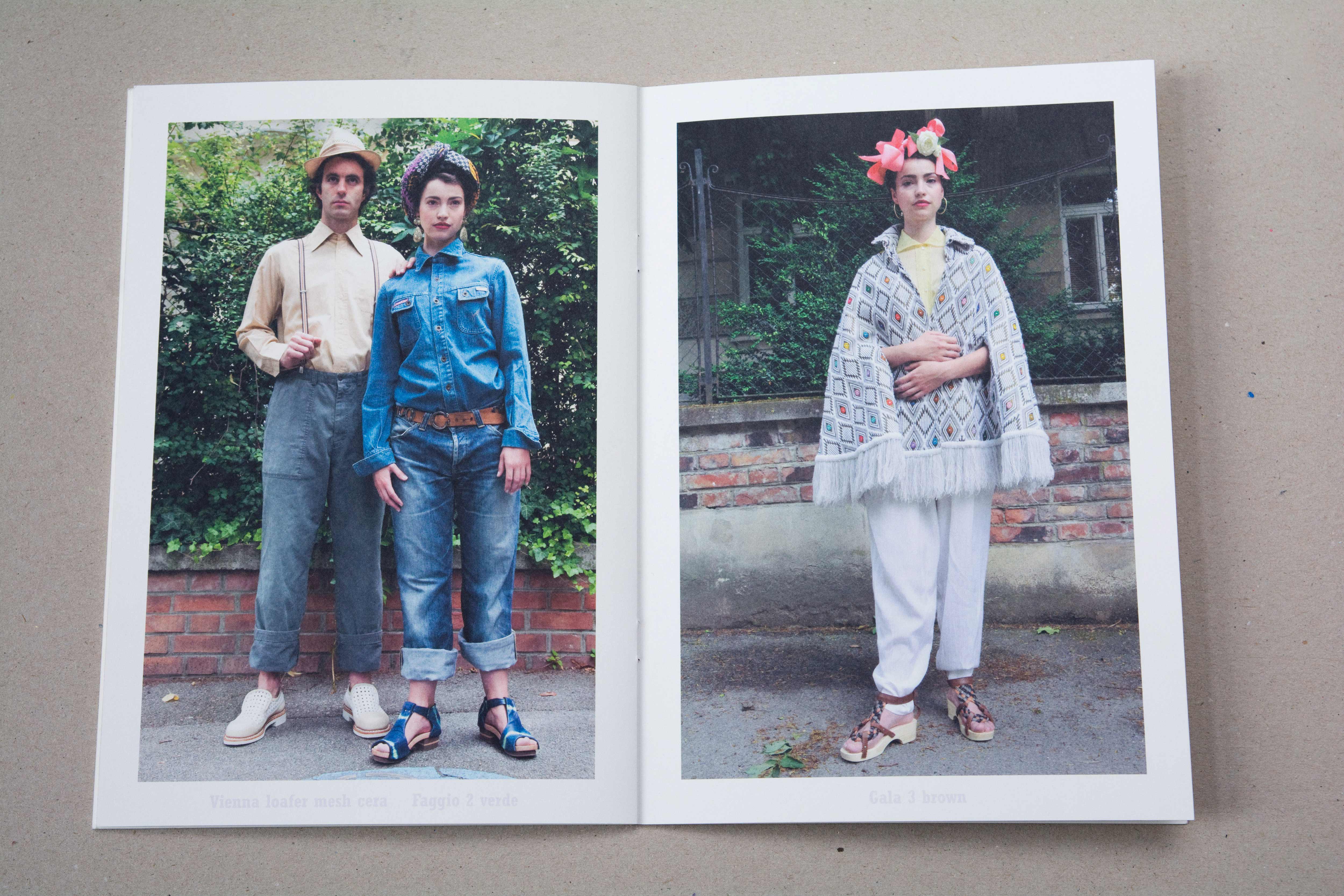 Double page. Large photo on each page. Bold font at bottom underneath photo. Left: Couple standing on the street in front of a large hedge. Right: Woman standing on the street in front of iron fence on brick wall.