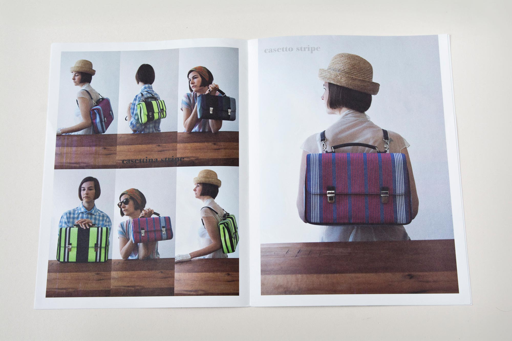 Double page. Left: Series of photos. Woman holding bag in hands or wearing it on back. Right: Woman wearing handbag as bagpack.