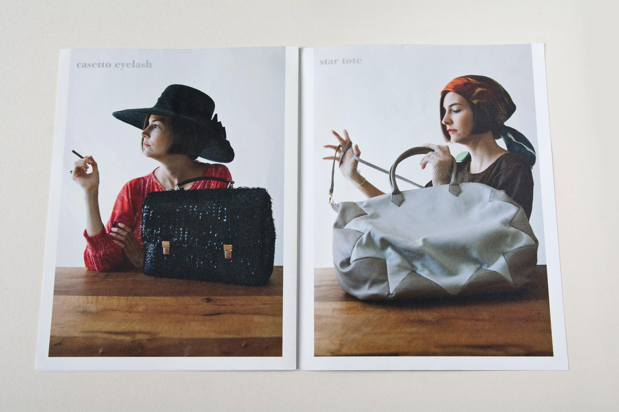 Double page. Left: Elegant handbag standing on wooden table. Woman sitting behind with cigarillo in hand. Right: Large handbag standing on wooden table. Woman holding strap.