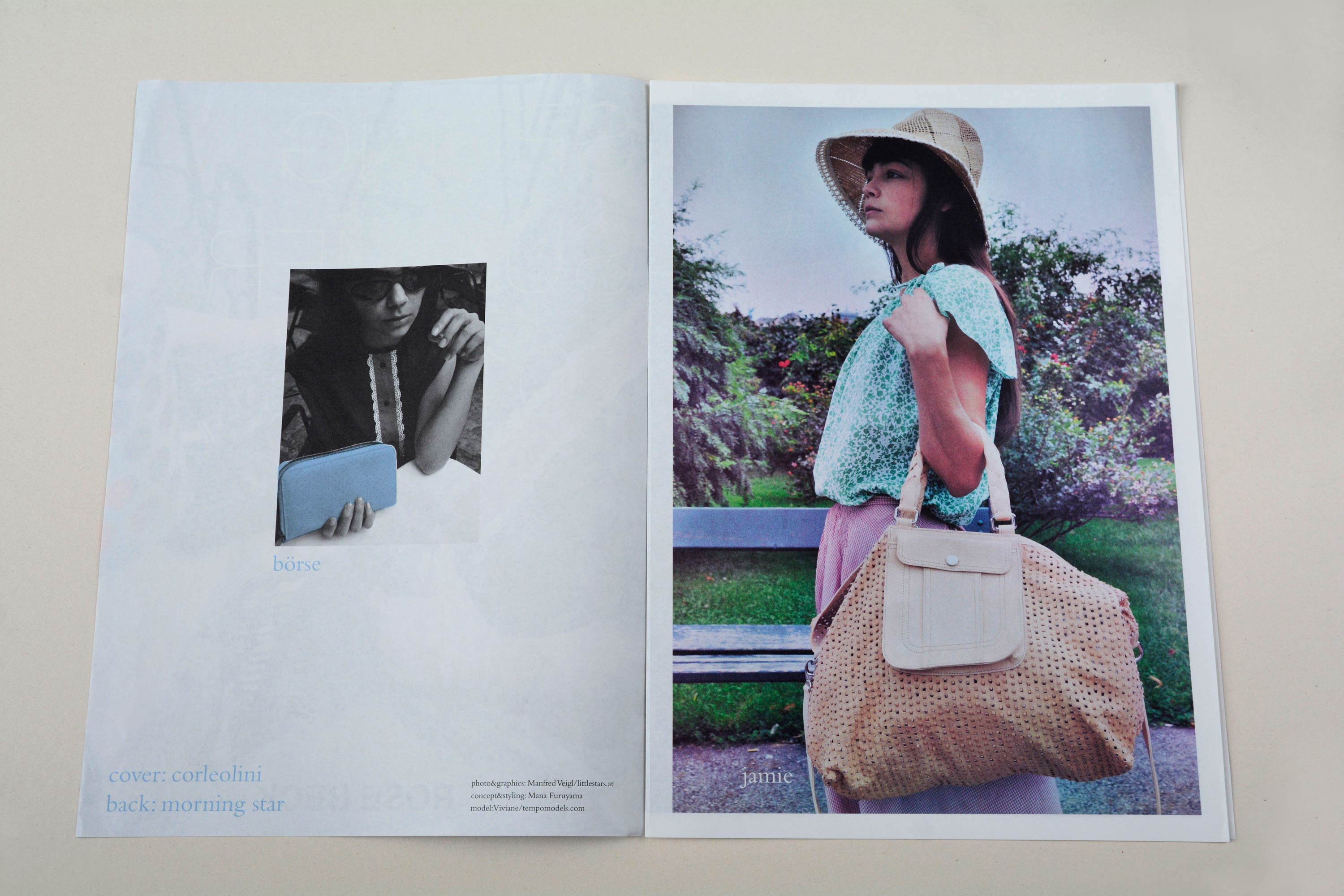 Double page. Left: Small b/w photo in center. Woman holding pouch. Block of tetx at bottom. Right: Full-page photo with white space around. Woman standing in park. Large handbag hangs on her arm. Small font at bottom overlayed.