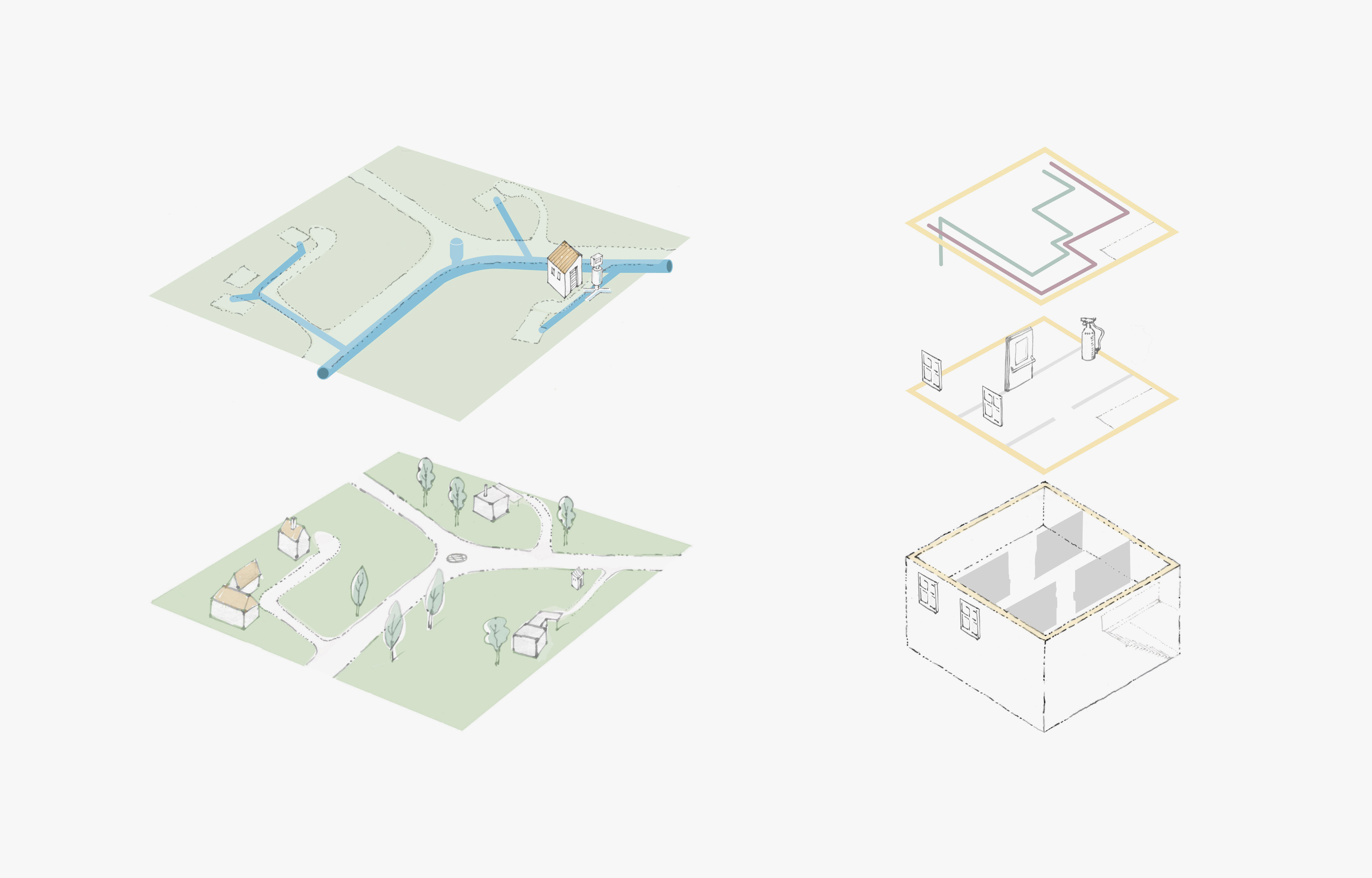2 Illustrations side by side. Left: Square layer of outdoor terrain with streets and houses. Layer above shows sewer system. Right: Foundation walls of house. 2 layers above show structural components and pipe system.