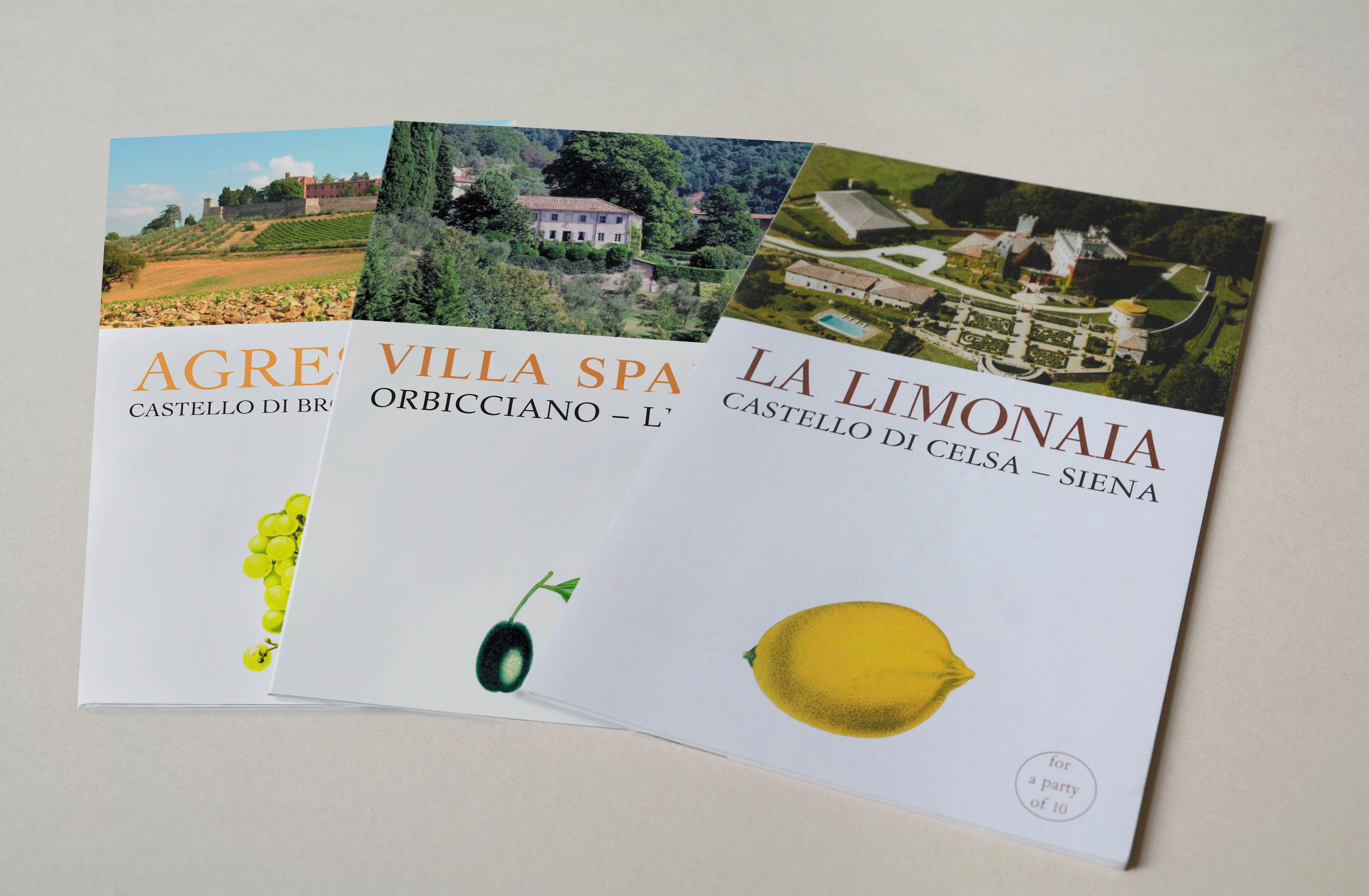 3 zig-zag folded brochures with similiar looking covers. Top half: Photo of a Mansion in the countryside. Name in large font below. Bottom half: Illustration of a fruit.