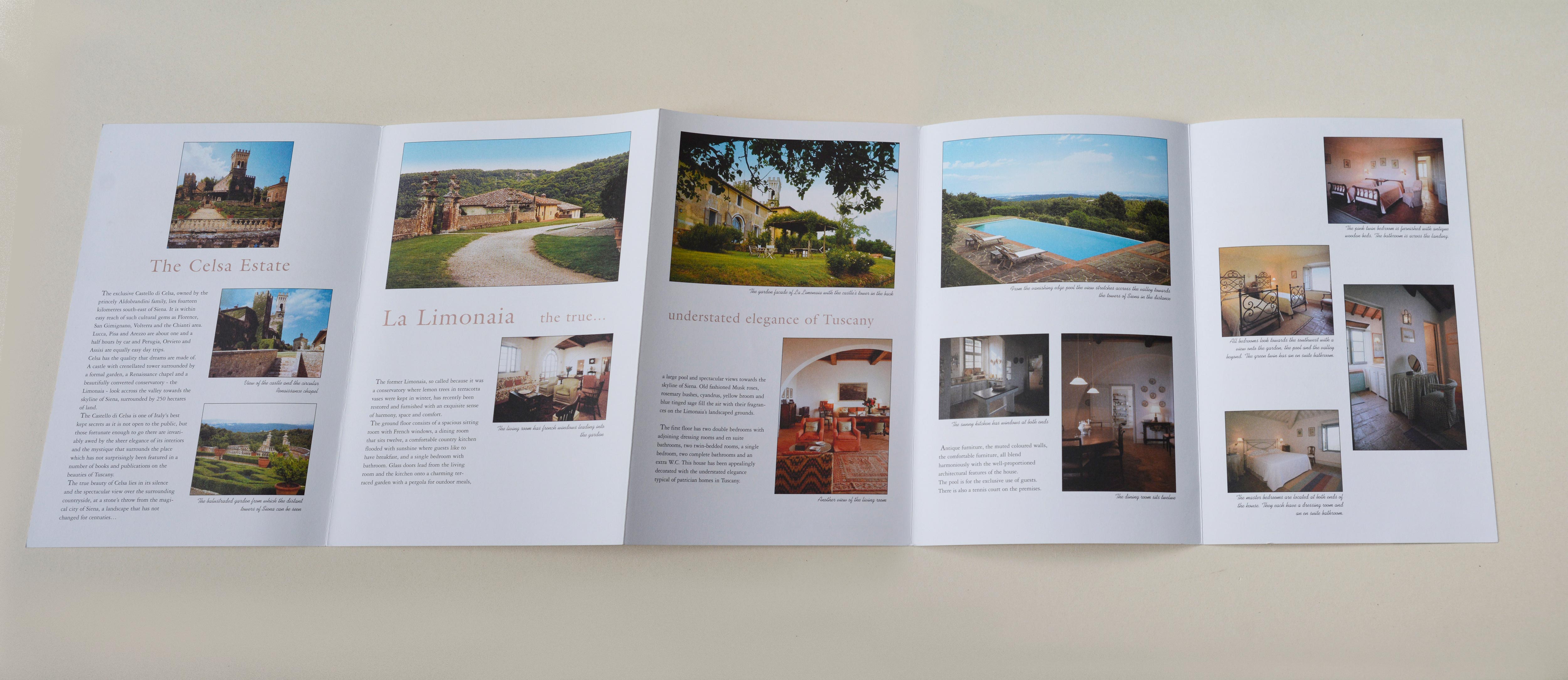 Unfolded Brochure. Several photos of the mansions's interior and garden. Headlines and blocks of text inbetween.